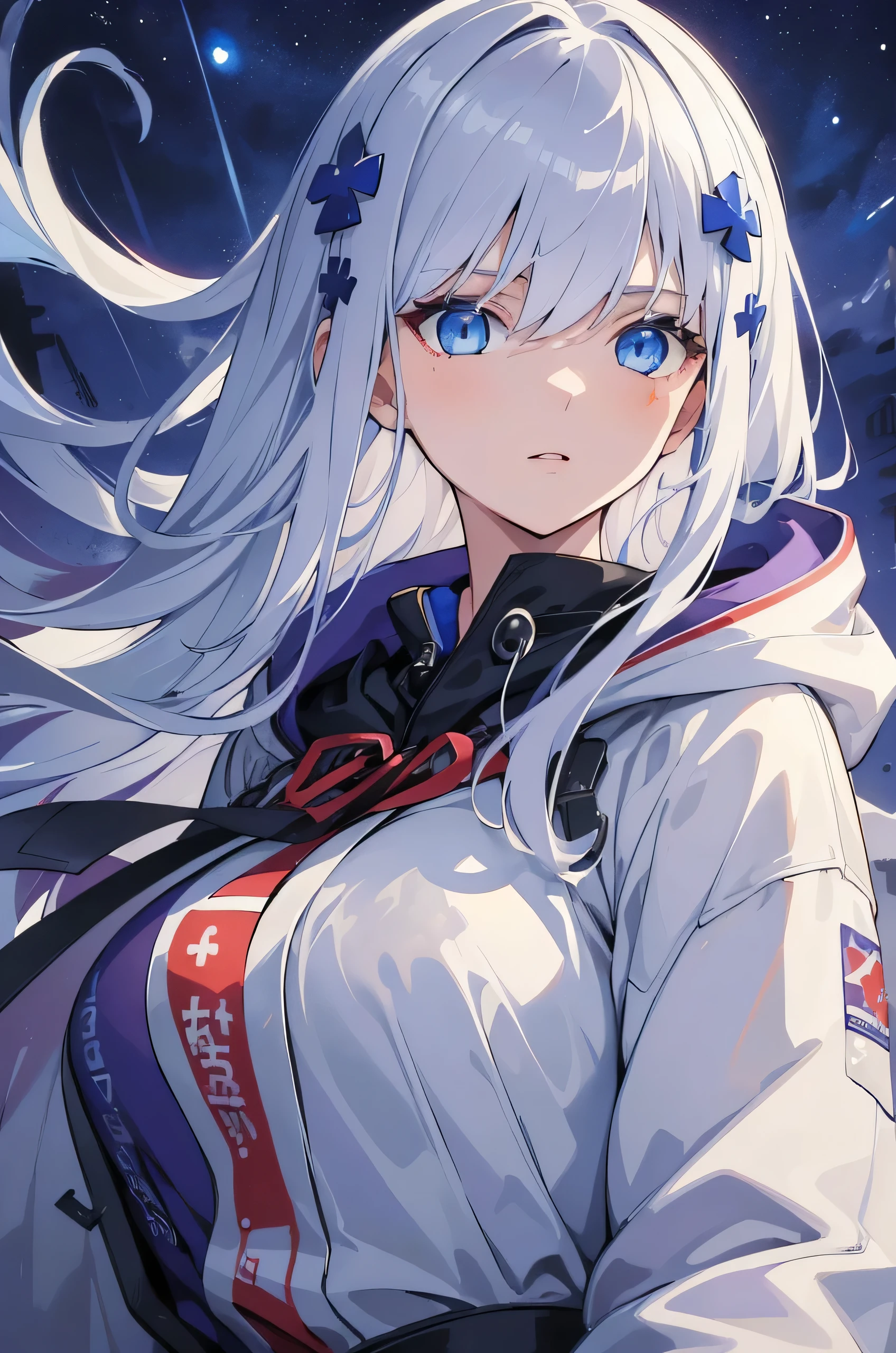 (best quality:1.3), (masterpiece:1.3), (illustration:1.3), (ultra-detailed:1.3), (imid shot:0.9), 1girl, Long hair, white hair, ((blue eyes)), purple hoodie, looking at viewer, white jacket, medium breasts, HK416Clukay, upper body, night sky, stars, 