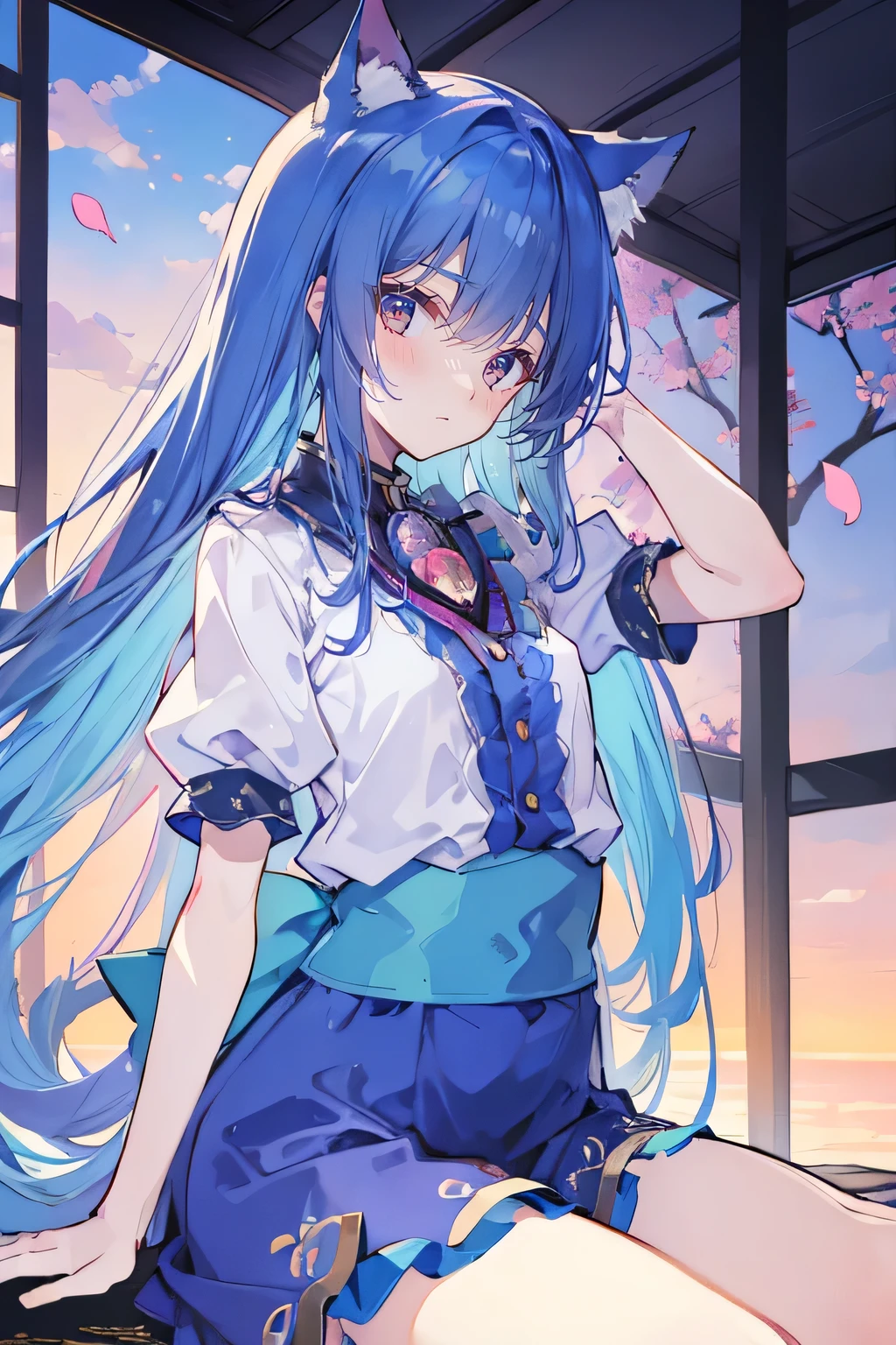 (masterpiece:1.2),Super detailed,Practical,expressive eyes,Fair skin,Perfect face shaping,1 Girl,
Japanese cartoons,Gorgeous blue hair, the long flowing blue hair,Floating clothes,Cat ears,Petals falling,beautiful lola,Young Angel,
Hands on waist,sit elegantly on the ground,Cross your legs,Gentle and peaceful background,Cool and cozy pavilion,Sunset,