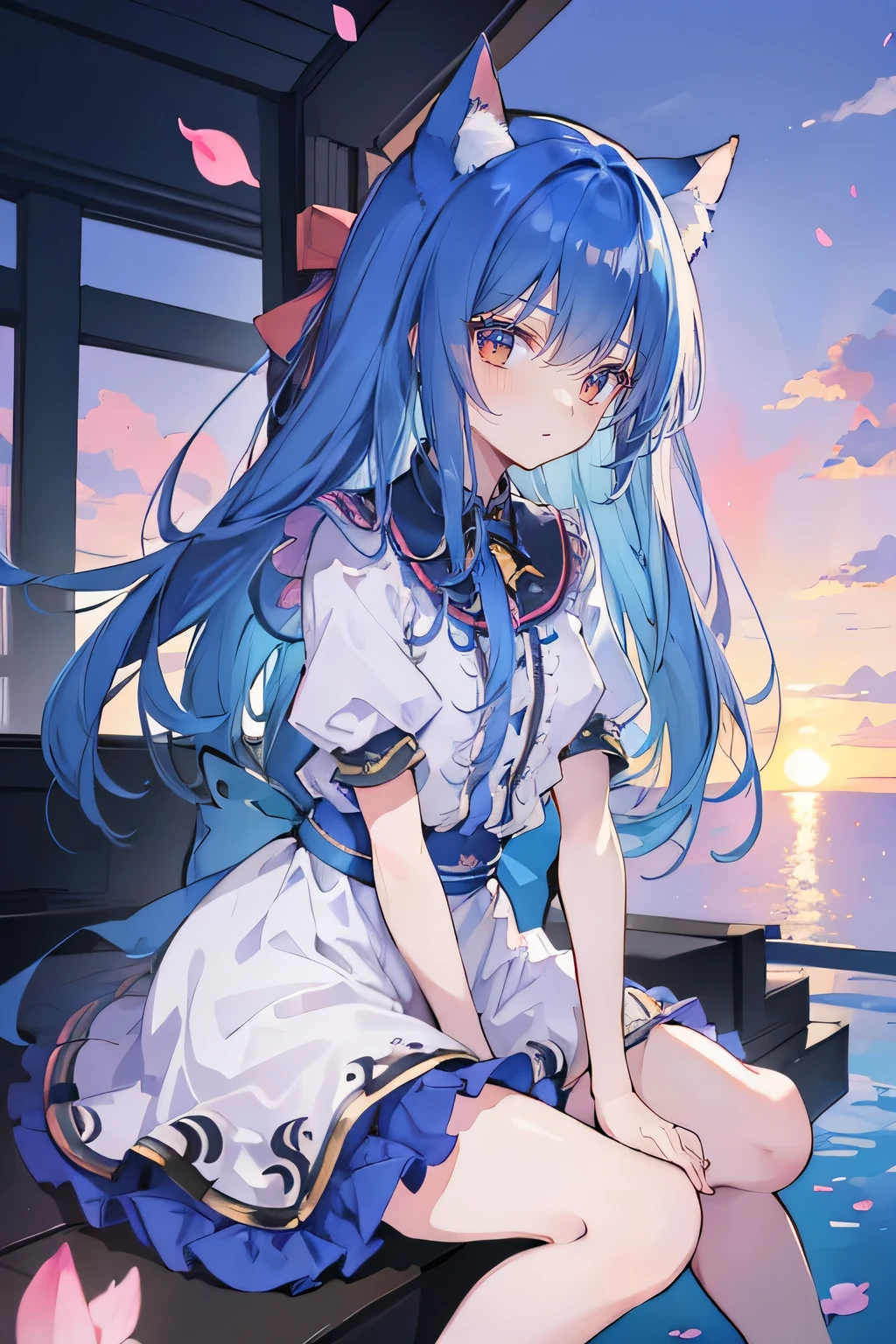 (masterpiece:1.2),Super detailed,Practical,expressive eyes,Fair skin,Perfect face shaping,1 Girl,
Japanese cartoons,Gorgeous blue hair, the long flowing blue hair,Floating clothes,Cat ears,Petals falling,beautiful lola,Young Angel,
Hands on waist,sit elegantly on the ground,Cross your legs,Gentle and peaceful background,Cool and cozy pavilion,Sunset,