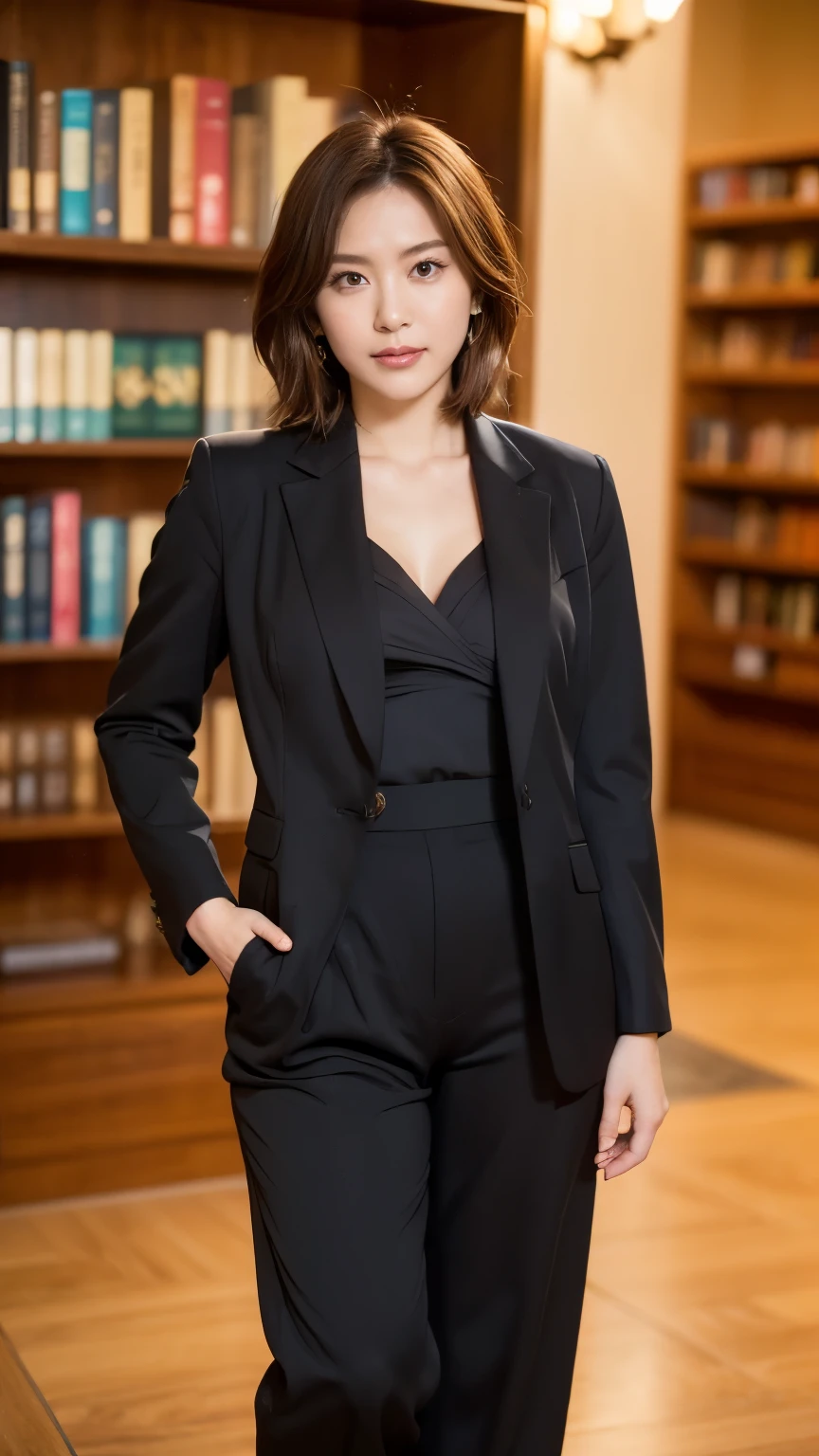 Tabletop, Beautiful woman, (30 years old、Japanese), (Library Background、mechanical、Bookshelf), ,(((Formal black pantsuit))), (((Beautiful Hair、Bob Hair, Brown Hair))), (D cup breasts:1.3)、feet, (Skin Texture:1.1), highest quality, 超A high resolution, (Realistic: 1.4), RAW Photos, , Nikon D850 film stock photo, F1.6 lenses, Rich colors, Realistic, Cinestill 800, Backlight, Rim Light, Studio Lighting, Erotic photos, mechanicalの上でかがむ:1.3