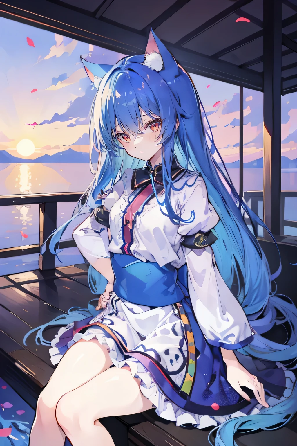 (masterpiece:1.2),Super detailed,Practical,expressive eyes,Fair skin,Perfect face shaping,1 Girl,
Japanese cartoons,Gorgeous blue hair, the long flowing blue hair,Floating clothes,Cat ears,Petals falling,beautiful lola,Young Angel,
Hands on waist,sit elegantly on the ground,Cross your legs,Gentle and peaceful background,Cool and cozy pavilion,Sunset,