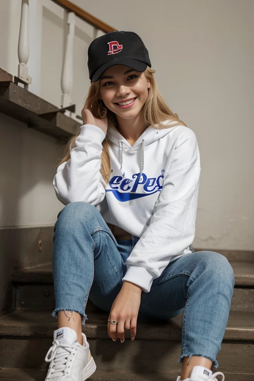 Highest quality, Realistic, Highly detailed, Fine details, High resolution, 8k wallpaper, A beautiful woman, Sitting on the stairs 、 Oversized PEPSI hoodie, Skinny jeans, White sneakers 、 Wearing black socks 、 Loose blonde hair 、 Beautiful bangs 、 in hat baseball, ear piercing、smile、Beautiful teeth alignment,long hairstyle,perfect dynamic composition,Beautiful and detailed,Full Body Shot,Big smile,