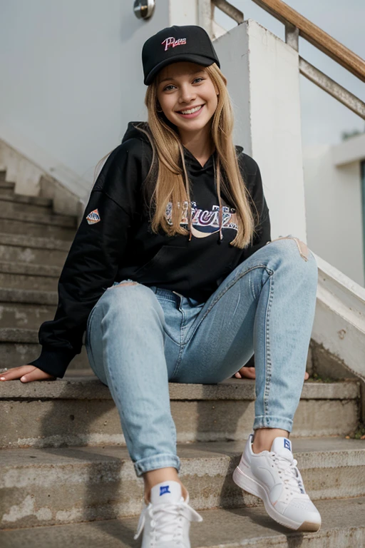 Highest quality, Realistic, Highly detailed, Fine details, High resolution, 8k wallpaper, A beautiful woman, Sitting on the stairs 、 Oversized PEPSI hoodie, Skinny jeans, White sneakers 、 Wearing black socks 、 Loose blonde hair 、 Beautiful bangs 、 in hat baseball, ear piercing、smile、Beautiful teeth alignment,long hairstyle,perfect dynamic composition,Beautiful and detailed,Full Body Shot,Big smile,