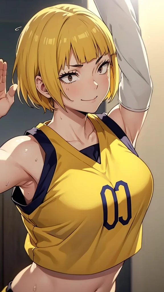 a close up of a person wearing a basketball uniform, a picture, inspired by Kentaro Miura, trending on pixiv, Saeko Tanaka, Haikyuu, yellow hair, short hair, wearing yellow nba jersey, yellow croptop nba jersey, wearing a low cut croptop, wearing croptop, croptop, written "Lakers" on the croptop, golden raito, (winking), shirobako, large)}], favorite scene, fine details. anime. skins, sweating, big breasts, both hands raised, armpits, armpits visible, dripping with sweat, more more sweat, sweaty armpits, seductive smile