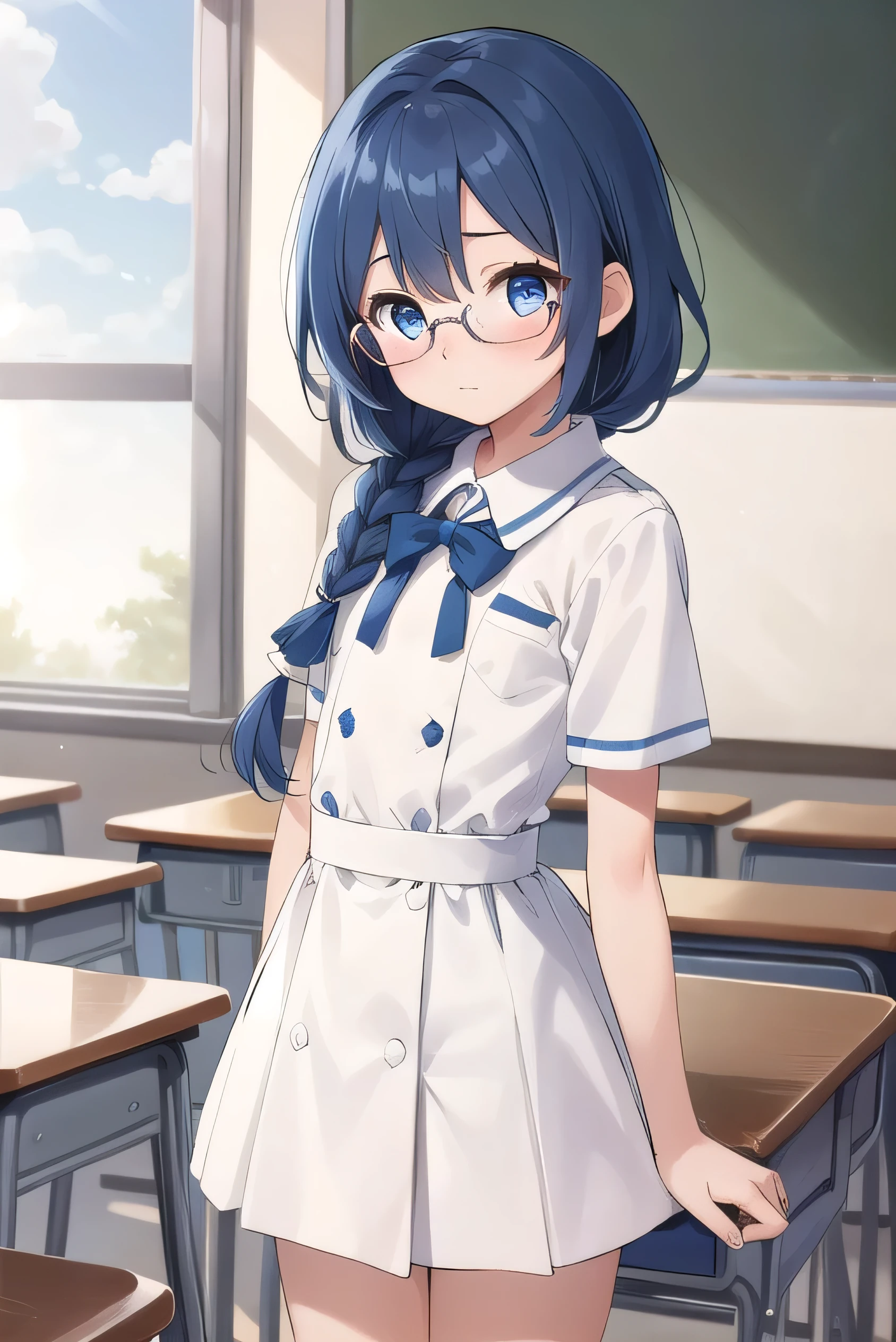 small breasted girl, short, elementary school student, blue hair, fishtail braid, blue eyes, round eyes, shy, shy, classroom, short, young face, short height, , glasses with no edges,flat chest,