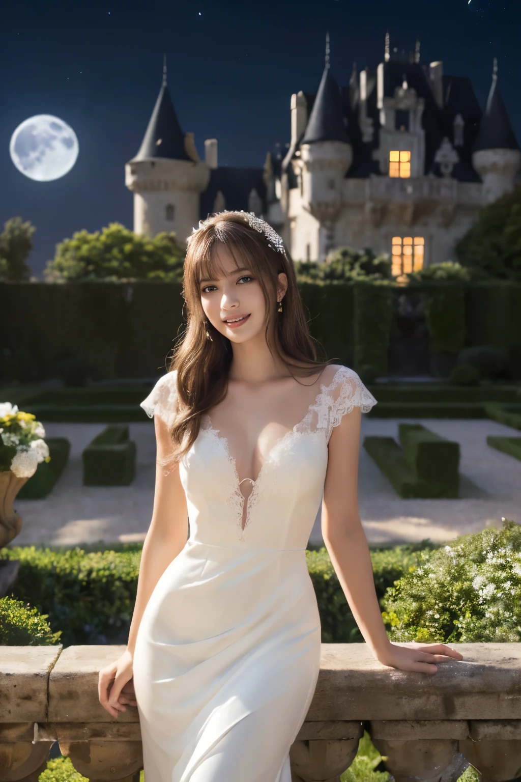 
((table top:1.4, highest quality)), (realistic pictures:1.4), 
((1 girl)), (Pure actress), (dream-like),
(超High resolution:1.2), very delicate and beautiful, wonderful, Highly detailed CG Unity 8K wallpaper, Super detailed, High resolution, 
soft light, beautiful detailed girl, highly detailed eyes and face, beautifully detailed nose, beautiful and detailed eyes, 
(Wear a white dress:1.3), 
cinematic lighting, perfect anatomy, slender body, (parted bangs),
(Relax in the gardens of European castles at night:1.3), (Moonlit Garden:1.3), (Colorful flowers blooming all over々), (moon), (outdoor), (contrast of light and dark),
cowboy shot, looking at the viewer, (archaic smile)