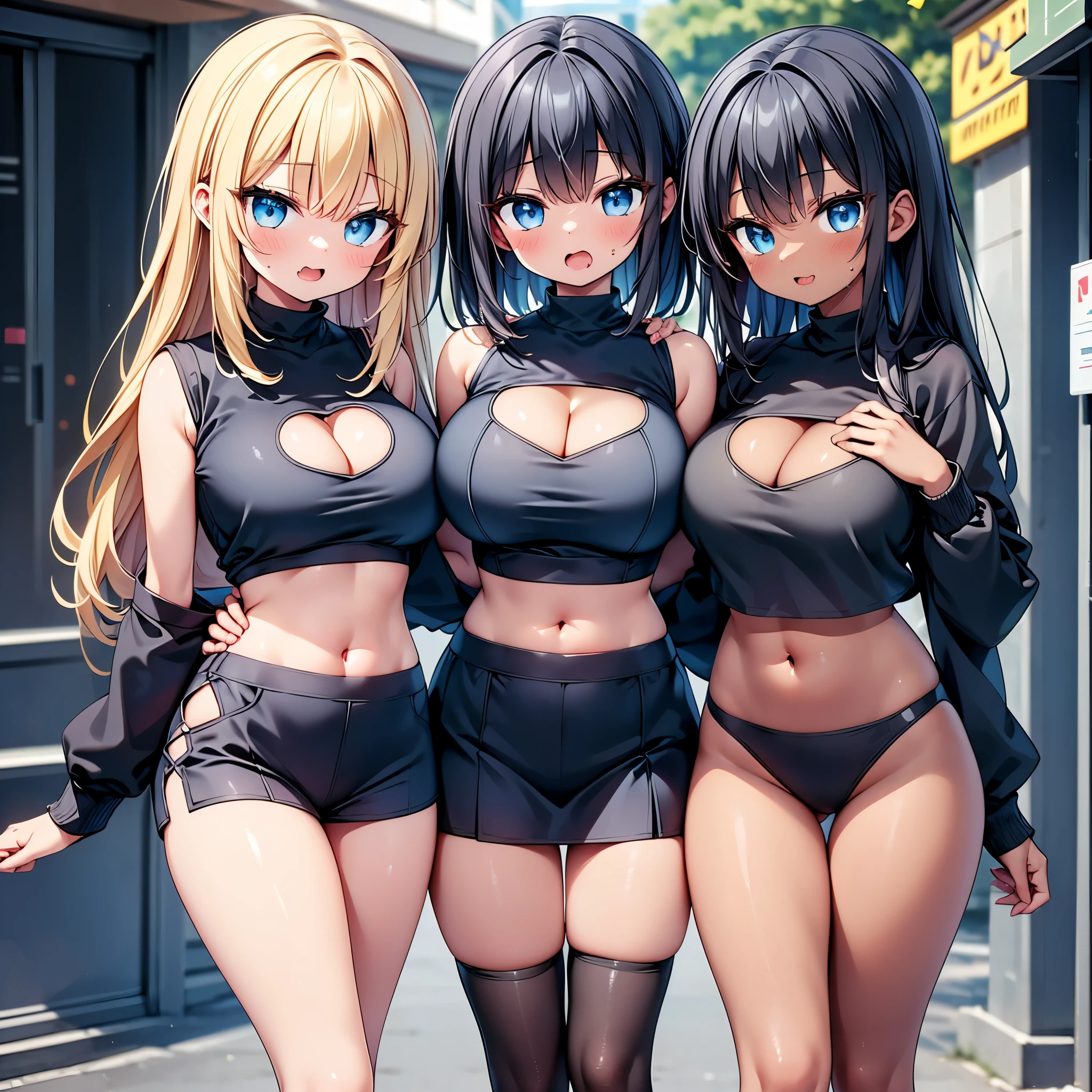 (cute eyes:1.1), (sparkling eyes:1.1), highest quality,wonderful,finely,extremely detailed CG Unity 8K wallpaper, (Stand in line:1.2), (tall stature), (3 girls, cute eyes, Black Hair, blue eyes, (dark skin:1,2), clothed), (black sweater:1.1),  (skinny body:1.4), (huge breasts), (cleavage cutout:1.6) ,(crop top navel:1.6), (open mouth:1.1), (long tongue:1.1), (mouth drool:1.1), (Black knee socks:1.1),(Thighs:1.2),(Waistline:1.2)