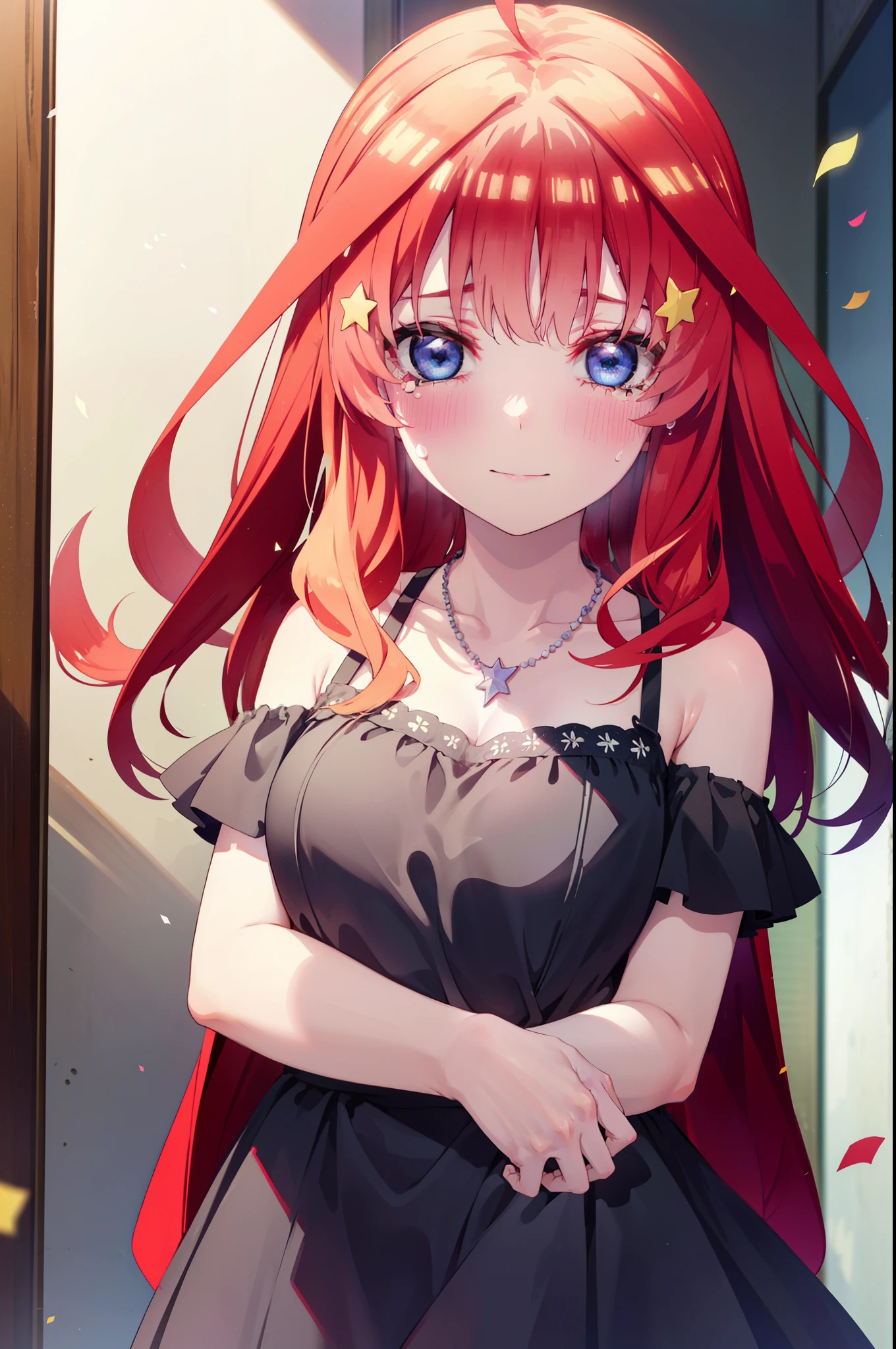 itsukinakano, Itsuki Nakano, bangs, blue eyes, Hair between the eyes, Ahoge, Redhead, star \(symbol\), hair ornaments, star hair ornaments,smile,blush,Red off-the-shoulder dress,Sleeveless,Exposing shoulders,Bare arms,Bare neck,bare clavicle,tiara,Heart Necklace,Tears stream down her face,Tears of joy,I cry a lot,holding a large bouquet of flowers in each hand,Confetti,
break indoors, on stage,
break looking at viewer, (Cowboy Shot:1.5),
break (masterpiece:1.2), highest quality, High resolution, unity 8k wallpaper, (shape:0.8), (Beautiful details:1.6), Highly detailed face, Perfect lighting, Extremely detailed CG, (Perfect hands, Perfect Anatomy),