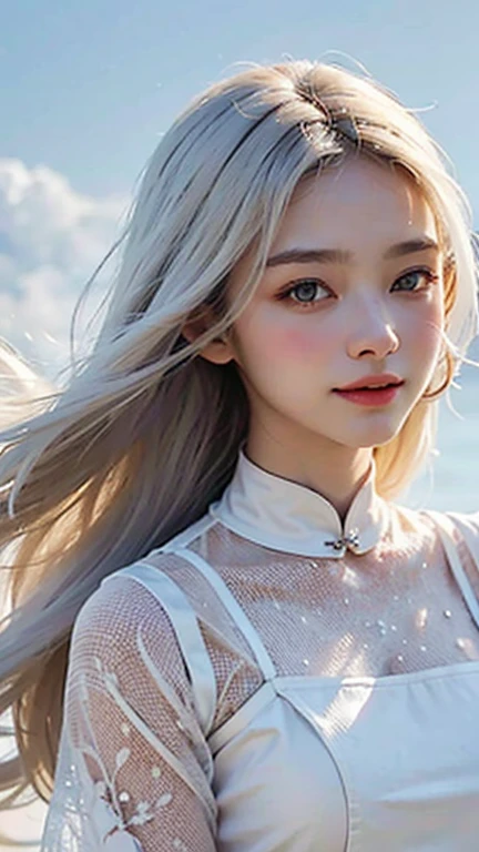 (Jeizuo,highest quality,Optimal,Official art,beautifully、aesthetic,exposed for a long time:1.2),Smooth movement,Attractive pattern, 1 girl,(Long Skirt with Sleeves:1.3),(((White clothes))),Upper Bodyのクローズアップ,No shoulders,China Girl,Blush Lash,Long white hair, Portraiture,alone,Upper Body,Long white hair,Slim Legs,smile,Face close-up,Ultra Wide Angle,stare at the observer,Detailed Background,Detailed face,(Crystal AI, Crystal theme:1.1),Elemental Wind Elf,Swirling Wind,Controlling the Wind,White crystal clothes,Dynamic pose,Suspended particles,Spiritual Power,Swoosh,vapor,Whirlwind in the background,White Tone,Swoosh,Mysterious atmosphere,