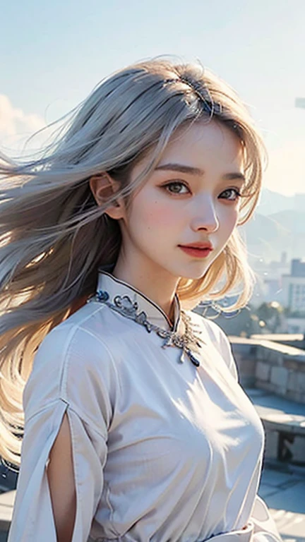 （Jeizuo，highest quality，Optimal，Official art，beautifully、aesthetic，exposed for a long time：1.2），Smooth movement，Attractive pattern， 1 girl，（Long Skirt with Sleeves：1.3），(((White clothes)))，Upper Bodyのクローズアップ，No shoulders，China Girl，Blush Lash，Long white hair， Portraiture，alone，Upper Body，Long white hair，Slim Legs，smile，Face close-up，Ultra Wide Angle，stare at the observer，Detailed Background，Detailed face，(Crystal AI, Crystal theme:1.1)，Elemental Wind Elf，Swirling Wind，Controlling the Wind，White crystal clothes，Dynamic pose，Suspended particles，Spiritual Power，Swoosh，vapor，Whirlwind in the background，White Tone，Swoosh，Mysterious atmosphere，