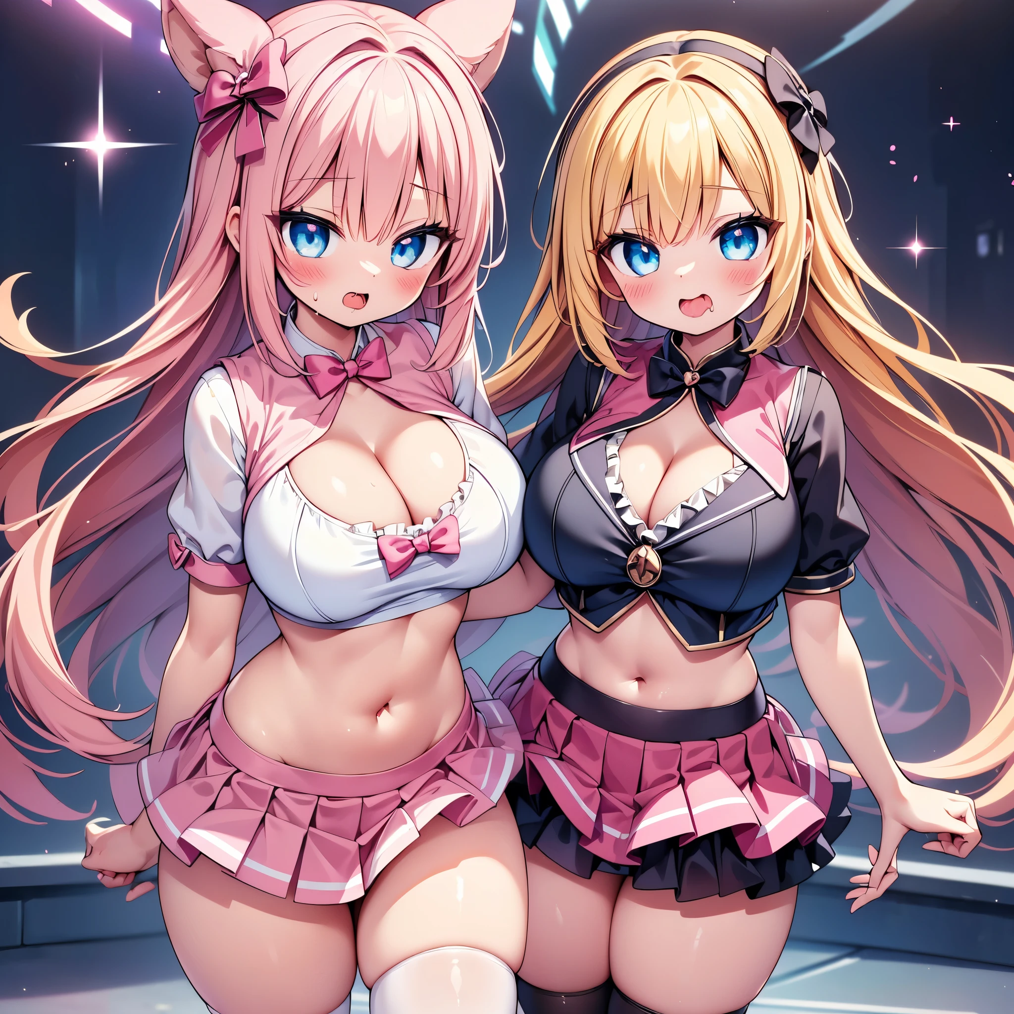 highest quality,wonderful,finely,extremely detailed CG Unity 8K wallpaper,  (girls, cute eyes, (magical pink girl outfit,frill mini skirt:1.1), , clothed), (sparkling eyes:1.2), (skinny body:1.1), (huge breasts), (cleavage:1.1), (crop top navel:1.1), (open mouth:1.1), (long tongue:1.1), (mouth drool:1.1), (black stockings:1.1),(Thighs:1.2),(Waistline:1.1)