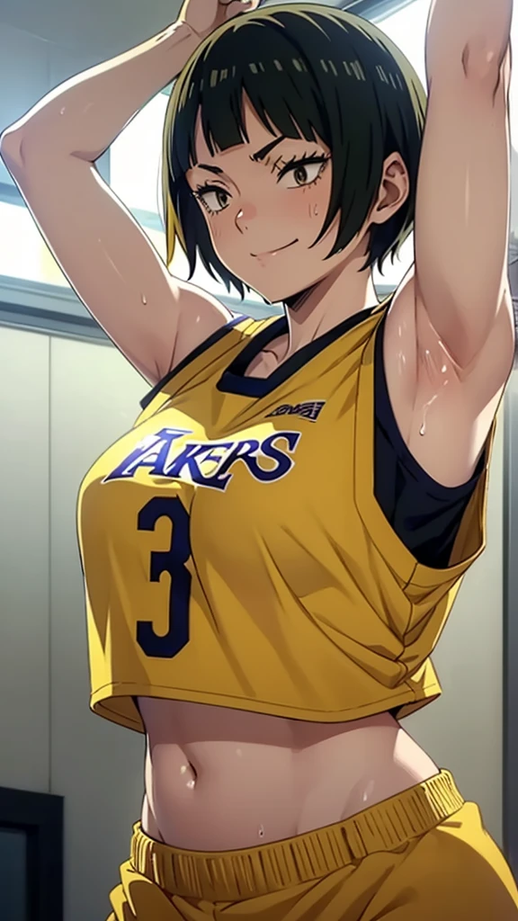 a close up of a person wearing a basketball uniform, a picture, inspired by Kentaro Miura, trending on pixiv, Saeko Tanaka, Haikyuu, yellow hair, short hair, wearing yellow nba jersey, yellow croptop nba jersey, wearing a low cut croptop, wearing croptop, croptop, written "Lakers" on the croptop, golden raito, (winking), shirobako, large)}], favorite scene, fine details. anime. skins, sweating, big breasts, both hands raised, armpits, armpits visible, dripping with sweat, more more sweat, sweaty armpits, seductive smile