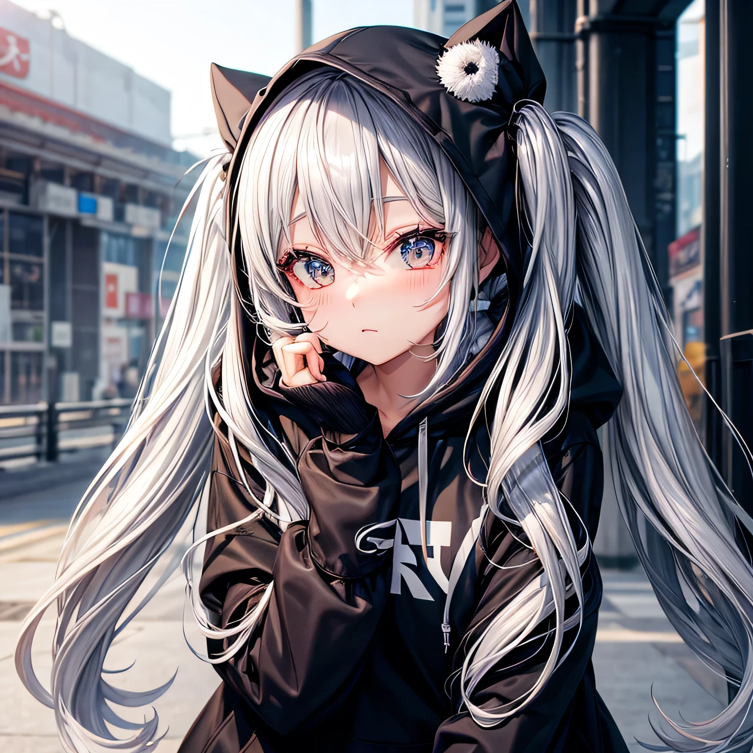 beautiful girl、Twin tails、hoodie、Silver Hair、Black Mask、Wearing a hood