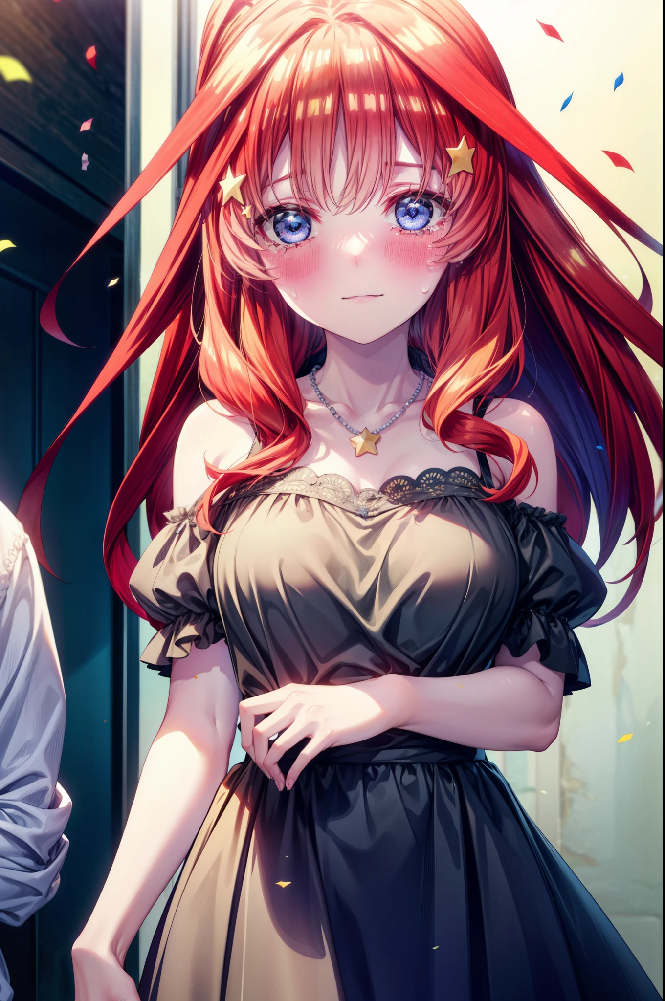 itsukinakano, Itsuki Nakano, bangs, blue eyes, Hair between the eyes, Ahoge, Redhead, star \(symbol\), hair ornaments, star hair ornaments,smile,blush,Red off-the-shoulder dress,Sleeveless,Exposing shoulders,Bare arms,Bare neck,bare clavicle,tiara,Heart Necklace,Tears stream down her face,Tears of joy,I cry a lot,holding a large bouquet of flowers in each hand,Confetti,
break indoors, on stage,
break looking at viewer, (Cowboy Shot:1.5),
break (masterpiece:1.2), highest quality, High resolution, unity 8k wallpaper, (shape:0.8), (Beautiful details:1.6), Highly detailed face, Perfect lighting, Extremely detailed CG, (Perfect hands, Perfect Anatomy),