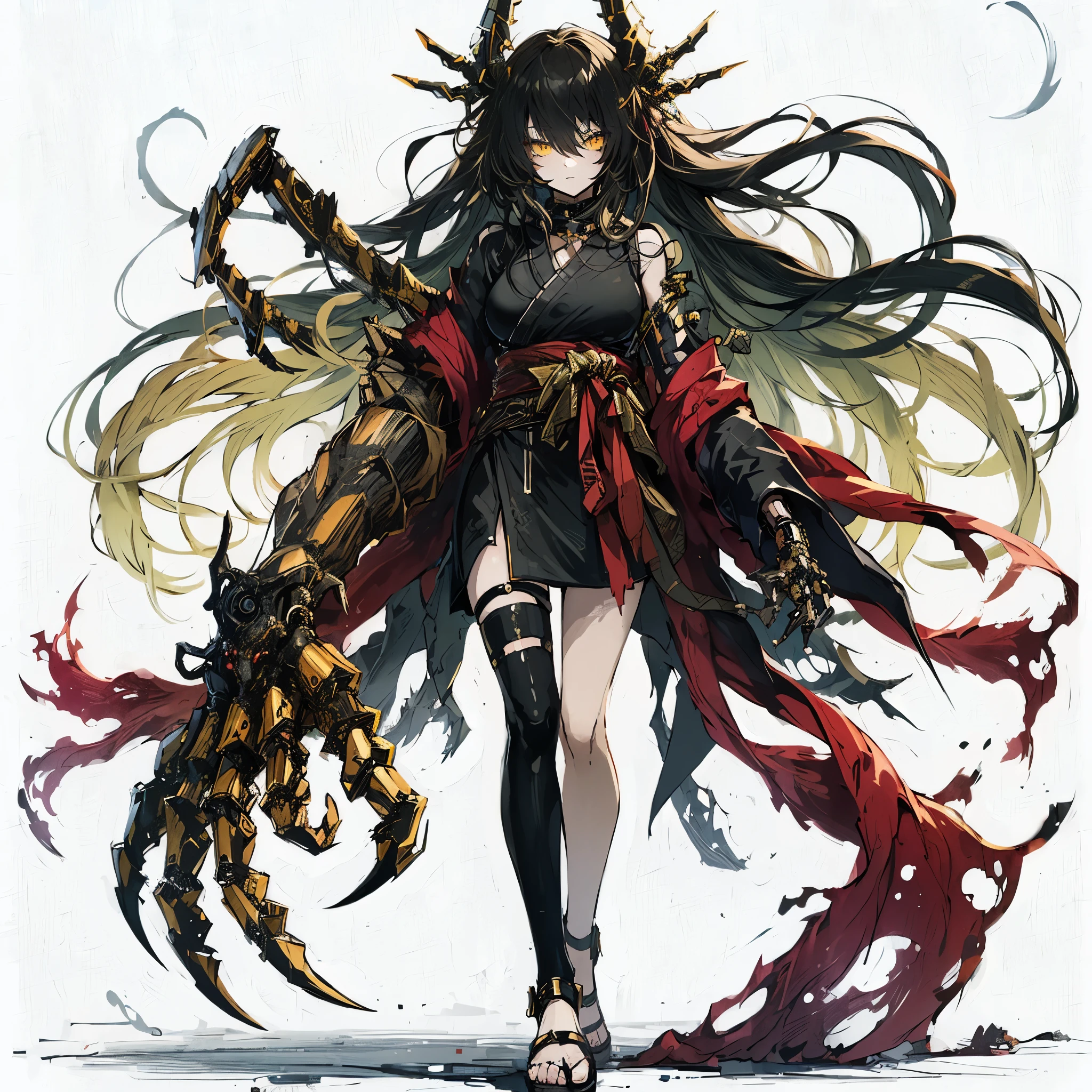 (Masterpiece, top quality), (detailed hair), super detailed, anime style, full body, solo, cyberpunk fighter girl, neck-length black-yellow hair, gold eyes, right hand converted to cybernetic terrifying claw. cyber-kimono, and torn red scarf, cyber horned, wearing tabi sandal, white background, whole body, standing in wasteland,
