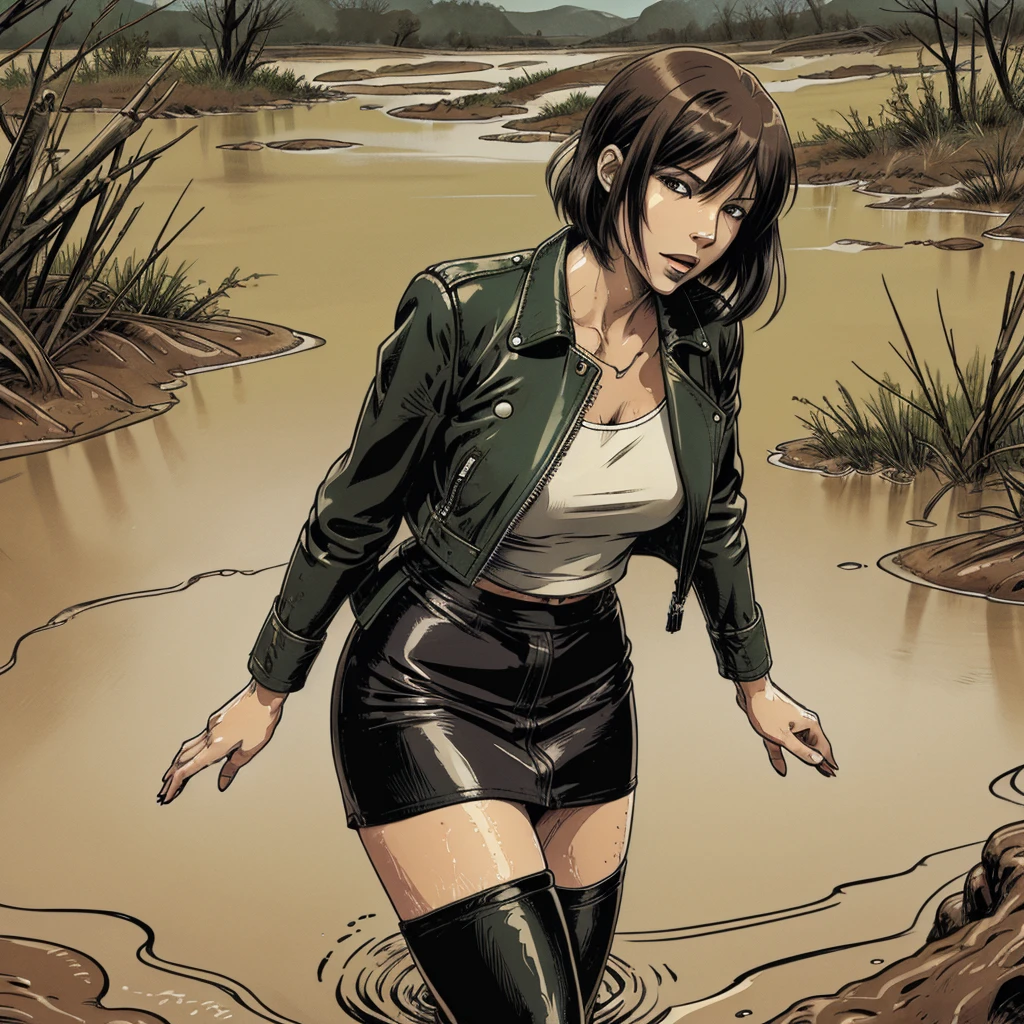 vector image, anime, mature bob-cut woman, gloomy orgasm, leather biker jacket and pencil skirt and stockings, drowning in the middle of quicksand bog, green,red