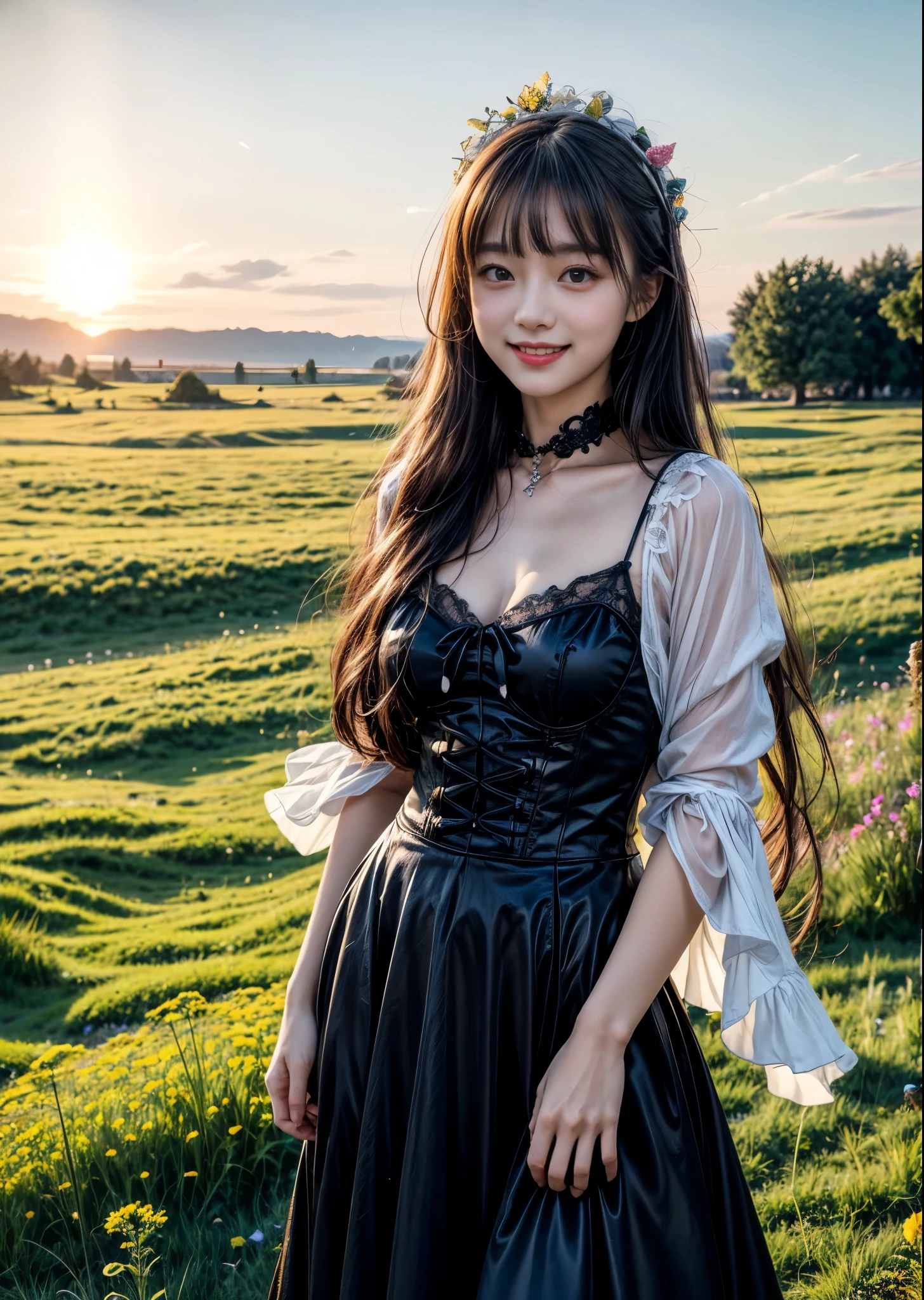 open plateau、Big Dipper、shooting star、A woman standing in a meadow full of small flowers、Cute 16-year-old girl in Gothic Lolita、smile、Slim body、Long hair with bangs、Firefly Light、Sharp images、High color reproducibility、Attention to detail、live-action、Alluring、