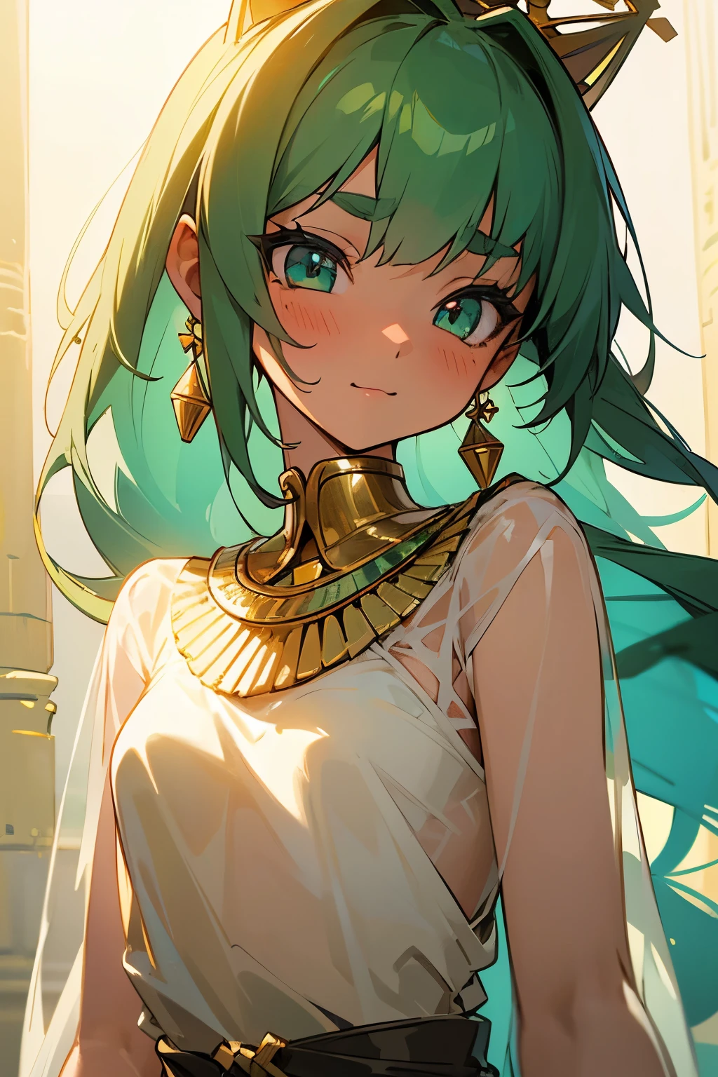 masterpiece)、highest quality、Super detailed、An illustration、Beautiful detailed eyes、(Beautiful detailed face)、Super detailedな描画、(Real)、超Realなキャラクター、(Realな顔)、Anime Style、((1 woman))、Green Hair、A light smile、詳細なAn illustration、Small details、The face is well-proportioned、Bob Hair、Girl、Cute Egyptian Cat、Desert Oasis、Egyptian style exotic costume、Low - Angle、See-through、Standing posture、,Her chest is exposed,Blushing,I can see your underwear,Upper body close-up,((hold a cat))、(((The light shines in multiple ways、Fantasy))、crown、Big gold earrings、Narrow eyebrows