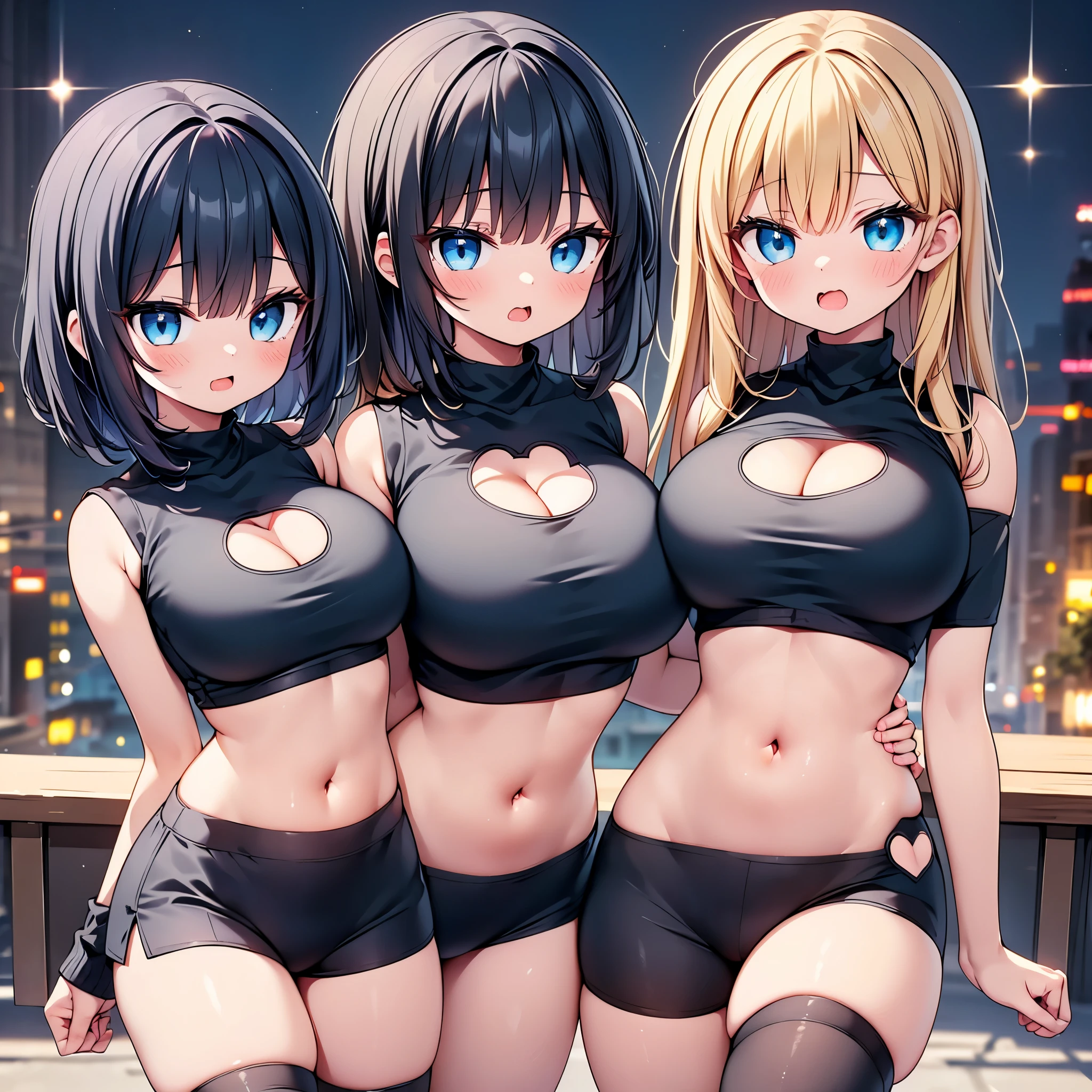 (cute eyes), (sparkling eyes), highest quality,wonderful,finely,extremely detailed CG Unity 8K wallpaper, (Stand in line:1.2), (3 girls, cute eyes, Black Hair, blue eyes, (dark skin:1,2), clothed), (black aran sweater:1.1), (skinny body:1.3), (huge :1.3), (cleavag:2) ,(crop top navel:2), (open mouth:1.1), (long tongue:1.1), (mouth drool:1.1), (Black knee socks:1.1),(Thighs:1.2),(Waistline:1.2)