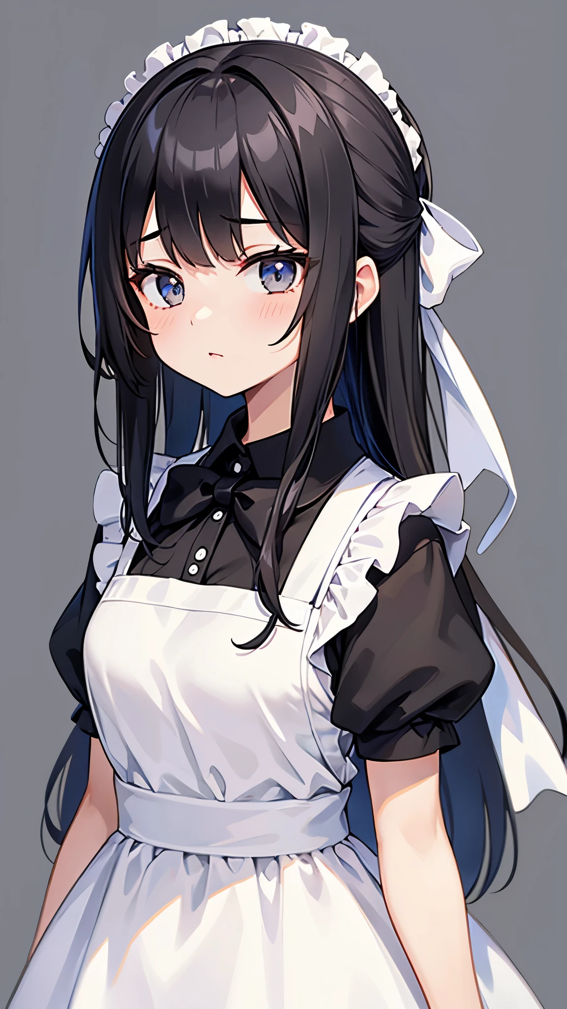 1 girl, Upper Body, Big Face, Black Hair, White Dress, White apron, Black Bow, Simple Background
