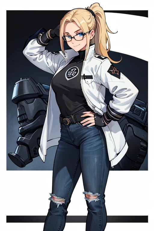 female, blonde long hair in a ponytail, blue eyes, (((1girl))), (((white and black jacket with rolled up sleeves))), (black shirt), (blue denim jeans), (black belt), (black low heels), (black fingerless gloves), (glasses), cute and sexy, full body, modest breasts, modest butt, long legs, smiling