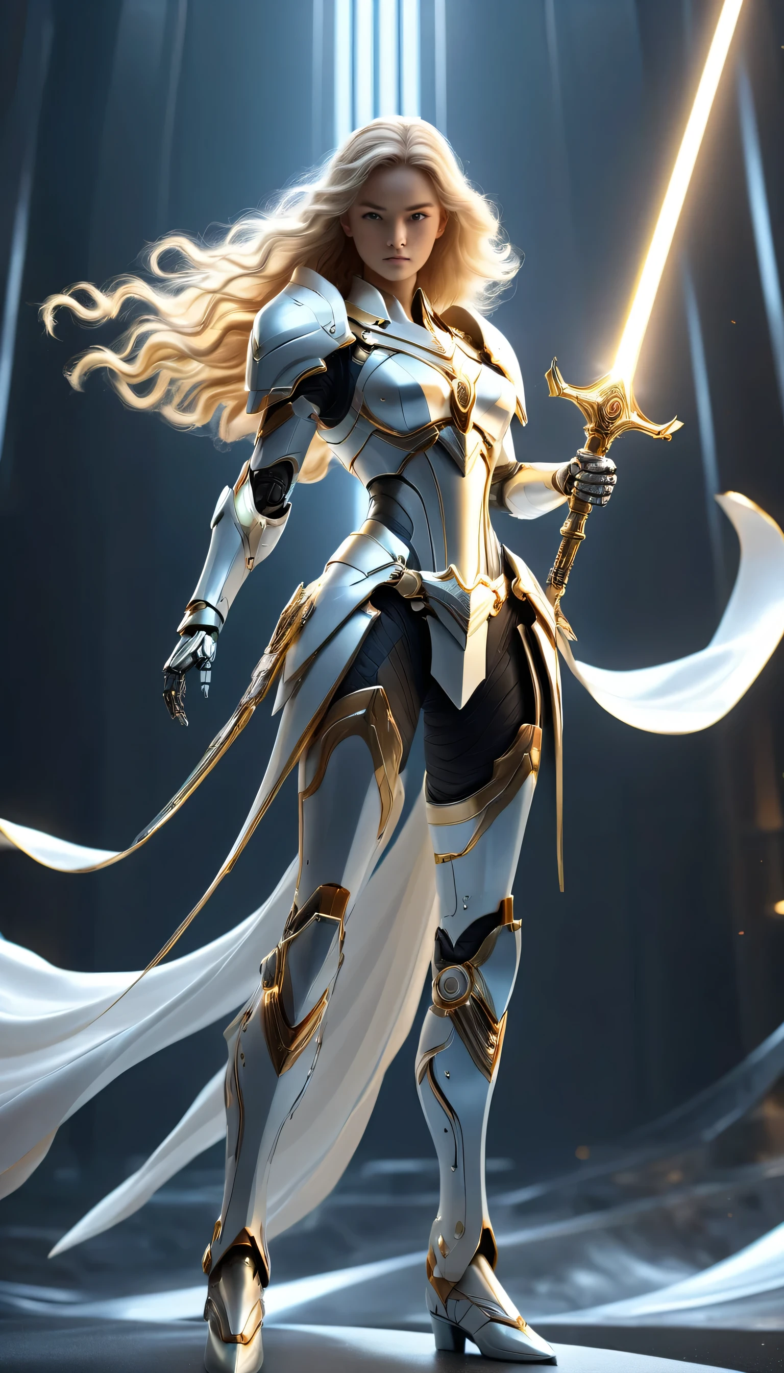 masterpiece, best quality, high quality, (Futurism:1.1), (Paladin holding the Sword of Light, Light Magic, Holy, Magic Wave, Silver and gold), Movie Lighting, (Exquisite future), Pretty and beautiful, Super detailed, great composition, floating, Depth of Field, (Very detailed CG,Unity 8k Wallpaper), (Beautiful details background), Beautiful hair details, Dramatic Lighting, Gogita, Mecha,best quality,Ultra-high resolution,Reality