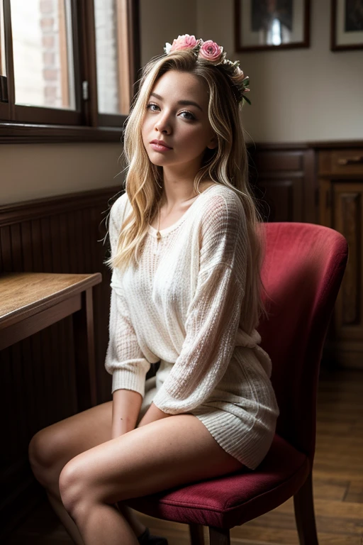 there is a woman sitting on a chair con flores in her hair, hermosa joven modelo, sydney sweeney, Diosa joven, tendido sobre rosas, a stunning young ethereal figure, rosas en su cabello, con flores, muy bonita modelo, sitting con flores, by Maria Angel, Chloë Grace Moretz, linda jovencita, inspirado por Sophia Beale, hermosa joven.