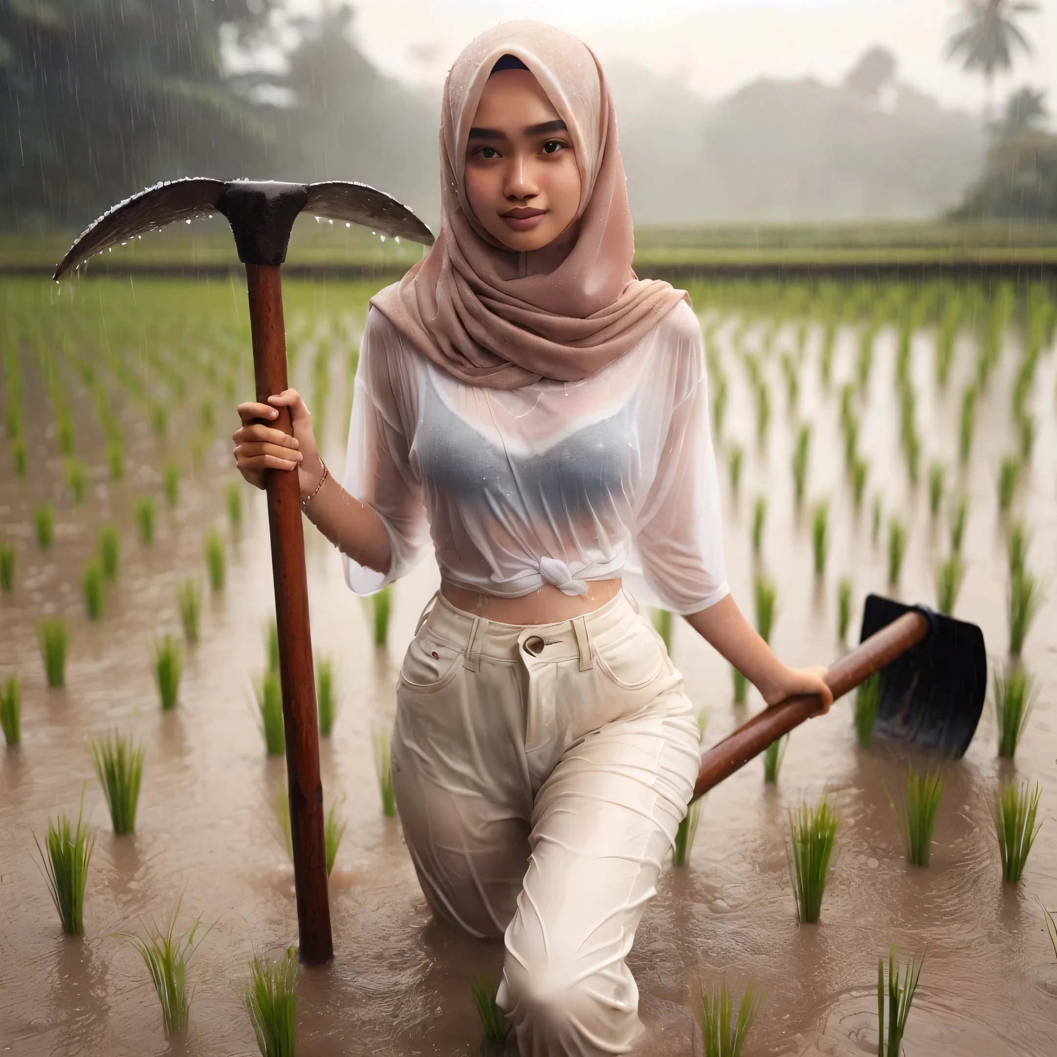 19 year old young Indonesian girl, wearing a minimalist hijab, transparent white t-shirt, sweatpants, heavy rain, splashed with water, drenched, playing in the water in the rice fields, holding a hoe, realistic photo, full body, photo size 16:9