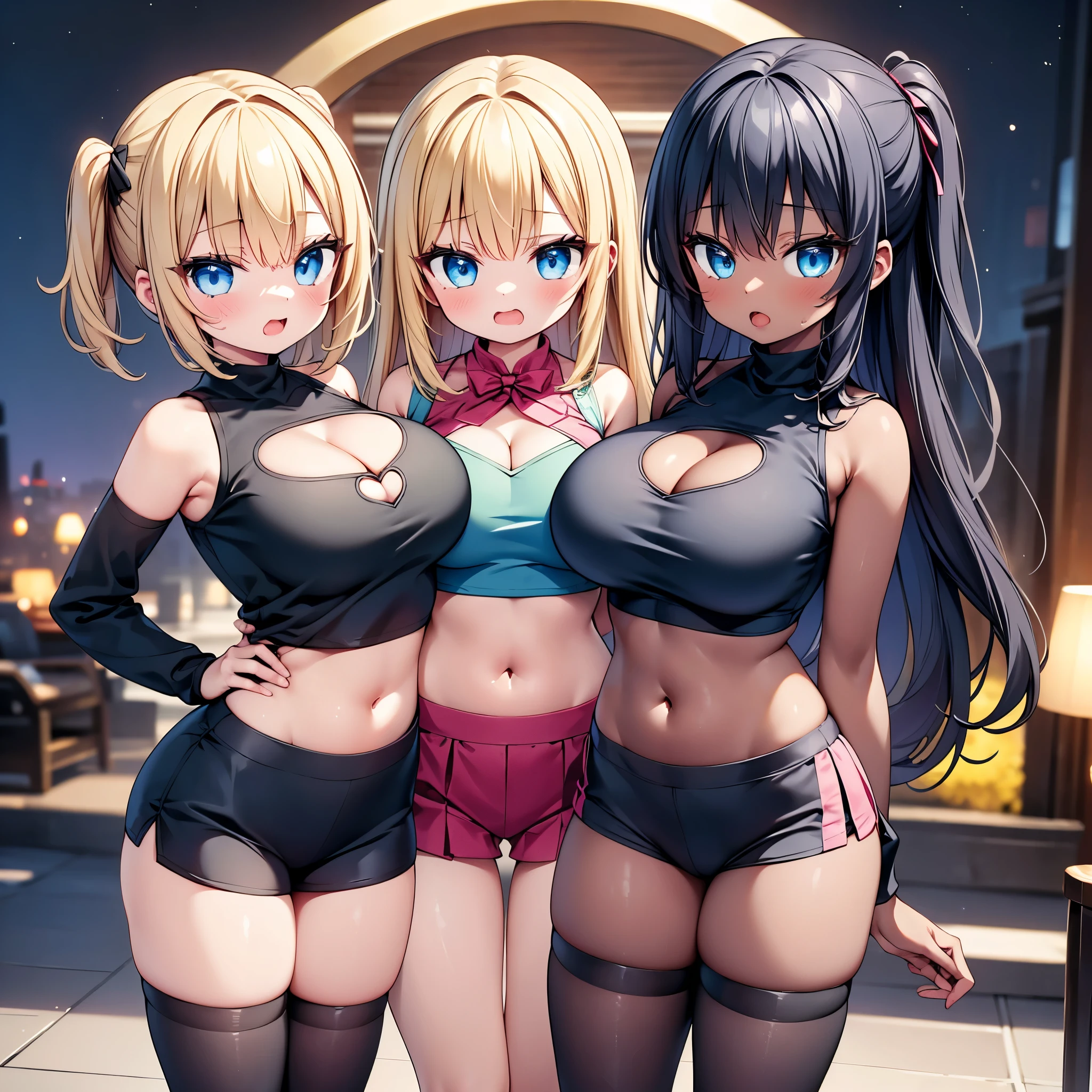 (cute eyes:1.1), (sparkling eyes:1.1), highest quality,wonderful,finely,extremely detailed CG Unity 8K wallpaper, (Stand in line:1.2), (3 girls, cute eyes, Black Hair, blue eyes, (dark skin:1,2), clothed), (black sweater:1.1), (skinny body:1.5), (huge breasts), (cleavage cutout:1.6) ,(crop top navel:1.6), (open mouth:1.1), (long tongue:1.1), (mouth drool:1.1), (Black knee socks:1.1),(Thighs:1.2),(Waistline:1.2)