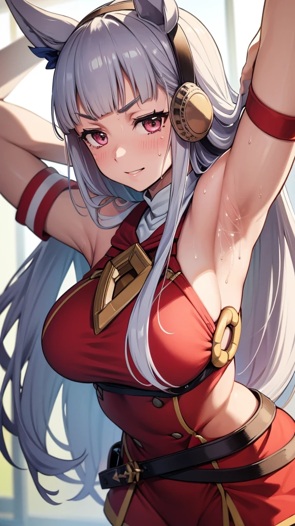 a close up of a person wearing a basketball uniform, a picture, inspired by Kentaro Miura, trending on pixiv, Gold Ship, Uma Musume, white hair, long hair, wearing red bikini, golden raito, (winking), shirobako, large)}], favorite scene, fine details. anime. skins, sweating, big breasts, both hands raised, armpits, armpits visible, dripping with sweat, more more sweat, sweaty armpits, seductive smile