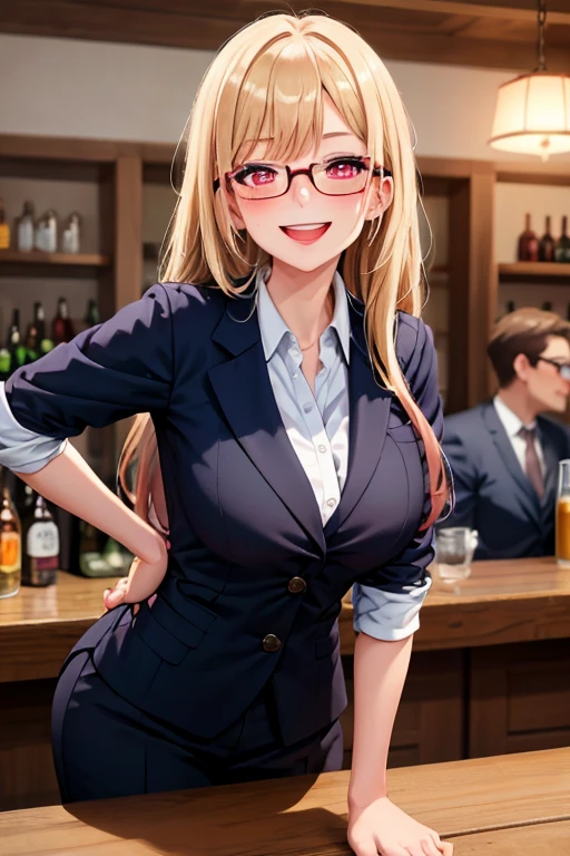 masterpiece, absurdres, best quality, (extremely detailed eyes and face), natural skin texture, detailed skin, sharp focus, intricate details, natural lighting, perfect body,(1lady,blonde long hair,red eyes,large breast),(black business suit,collared shirt,white shirt,dress pants,square glasses),sexial attractive,drink beer with team members,in tavern,drunk:1.0,blush,laugh,smile broadly:1.0