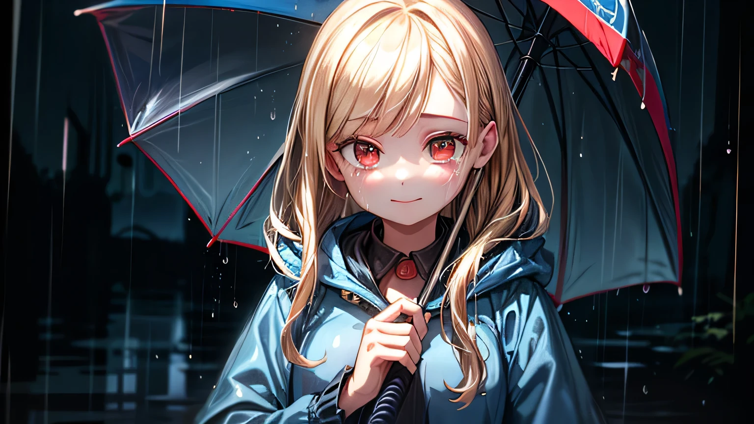 ((highest quality)), ((masterpiece)), (detailed), Perfect Face,girl, blonde, Red eyes, rain, Look Down, smile, tears, blue raincoat, Wearing a hood, town,I lost my umbrella