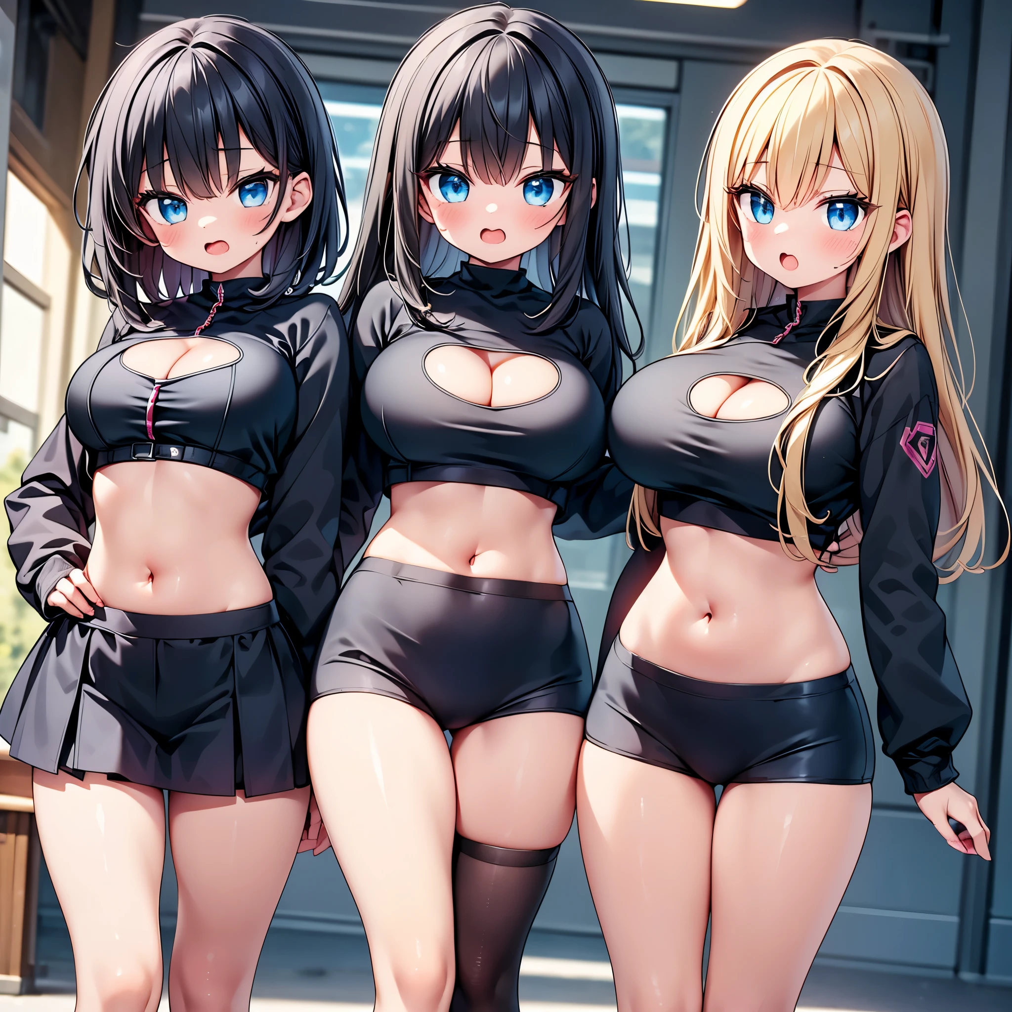 (cute eyes), (sparkling eyes), highest quality,wonderful,finely,extremely detailed CG Unity 8K wallpaper, (Stand in line:1.2), (3 girls, cute eyes, Black Hair, blue eyes, (dark skin:1,2), clothed), (black sweater:1.1), (skinny body:1.3), (huge breasts:1.1), (cleavage cutout:1.8) ,(crop top navel:1.8), (open mouth:1.1), (long tongue:1.1), (mouth drool:1.1), (Black knee socks:1.1),(Thighs:1.2),(Waistline:1.2)