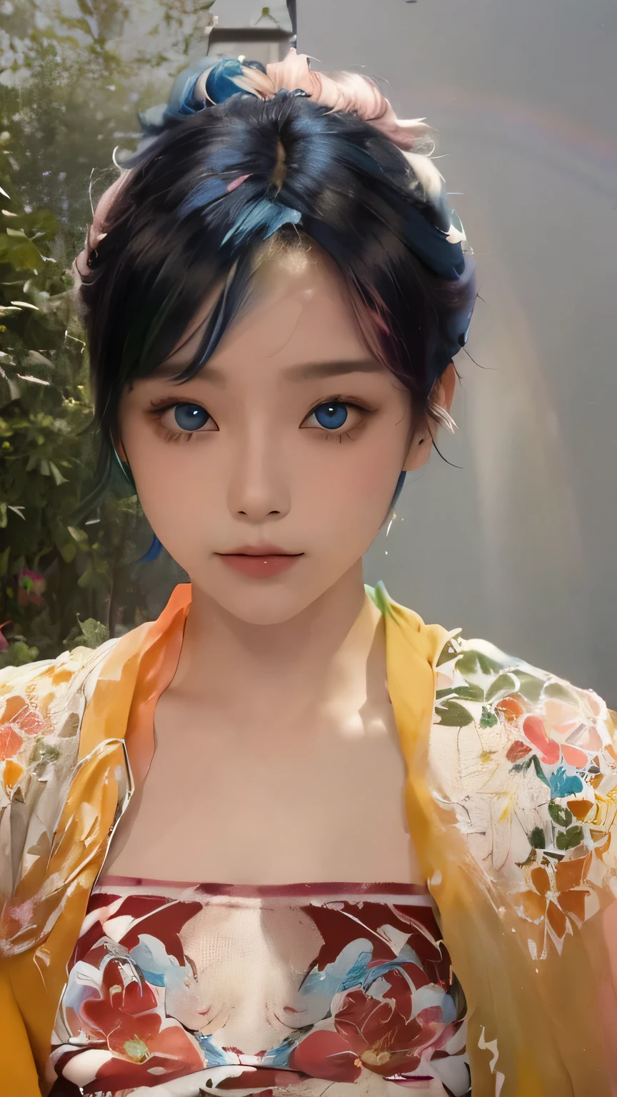 (Pink Fashion T-shirt:1.9),(colored hair:1.8),(All colors of the rainbow:1.8),(((verticalpainting:1.6)),(:1.6),front,comics,illustration,,big eyes,crystal clear eyes,Super huge ,Breasts are very, very large,Large Breasts,Cleavage close-up,(Rainbow colored semi-long hair:1.7),Exquisite cosmetics,shut your mouth,(Small fresh:1.5),(Wipe chest:1.6),Long eyelashes,White off-shoulder T-shirt。,White Off-the-Shoulder Sleeve Shirt,Looking at the audience,blue eyes,(rainbow colored hair:1.6),color splotches,(Solitary:1.8),color splotches,color splotches,color explosion,Thick paint style,Messy lines,((shining),(color),(color),(color),(color),color,Thick paint style,(color splotches),(color)splash,vertical,Upper Body,paintsplash,acrylic painting,slope,paint,Highest image quality,best quality,masterpiece,Solitary,Depth of Field,Topcoat,Colorful clothes,(grace:1.2),Gorgeous,Zuo Feng, (grace: 1.3), (petal: 1.4),(((masterpiece))),(((best quality))),((Super detailed)),(illustration),(Dynamic Angle),((floating)),(painting),((Messy hair)),(Solitary),(1 Girl) , (((Detailed anima face))),((Beautiful and delicate face)),collar,Bare shoulders,Blue Hair, ((colorful hair)),((Striped hair)),Beautiful and delicate eyes,(Gradient color eyes),(((colorful eyes))),(((colorful background))),(((High Saturation))),(((surrounded by colorful splashes))),(((colorful background))),(((High Saturation))),(((surrounded by colorful splashes))),(((colorful background))),(((High Saturation))),(((surrounded by colorful splashes))),