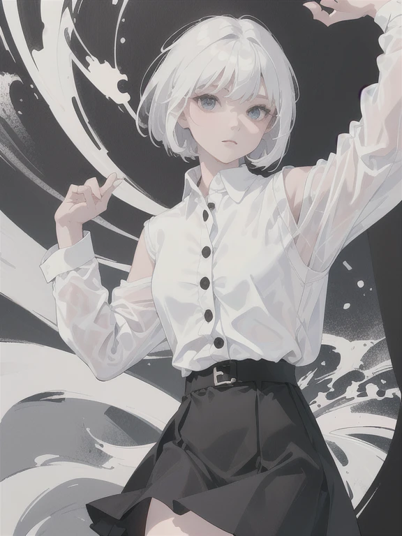 ((masterpiece, top quality), (one girl), (solo), (female focus), (ahoge, gray hair, short hair), black eyes, (white shirt), (black skirt), (black skirt), standing, white background, arms behind