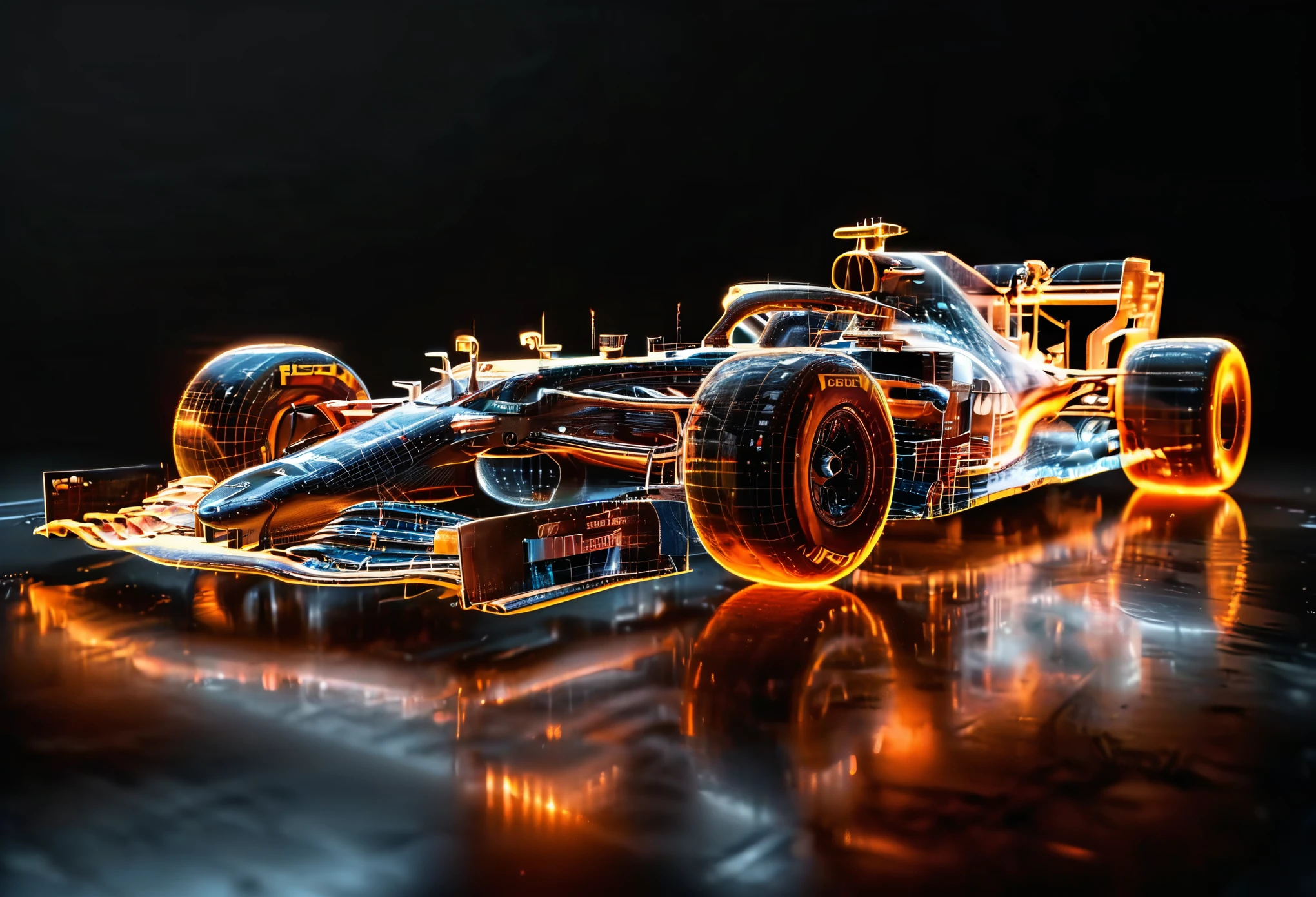 A Formula 1,The Formula 1 wire frame holograms,
the Formula 1 body do not glow,rendered in the style of a 3D rendering with a black background,
photographed professionally with professional lighting and color grading to appear hyper realistic,
Orange and white,(the Formula 1 body do not glow:1.3)(black background:1.4),stars can be seen in the distance in the background.,