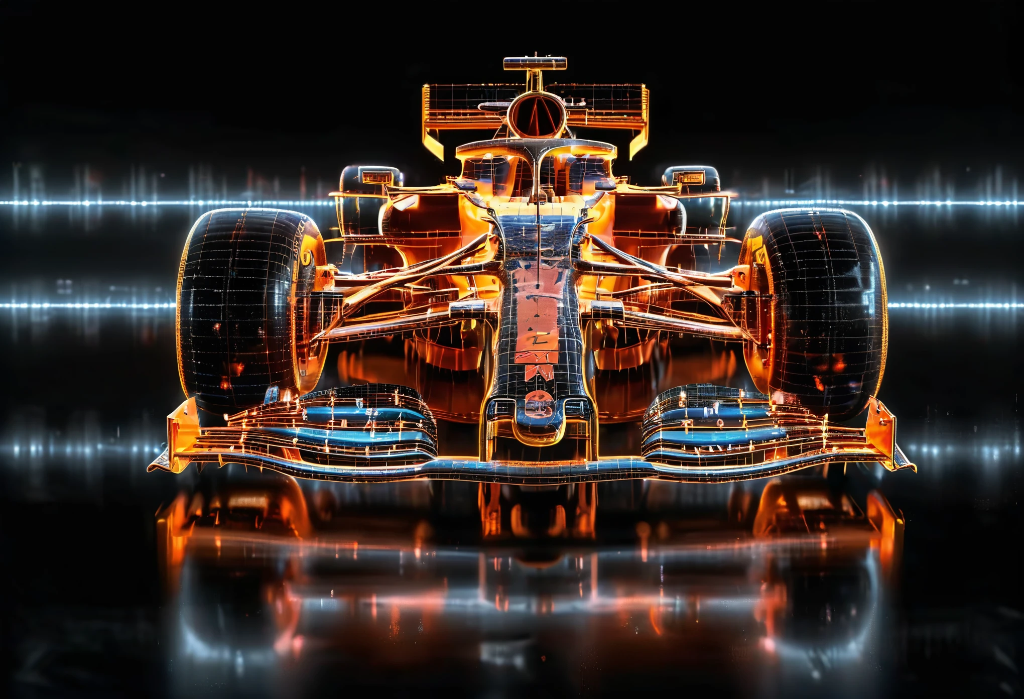 A Formula 1,The Formula 1 wire frame holograms,
the Formula 1 body do not glow,rendered in the style of a 3D rendering with a black background,
photographed professionally with professional lighting and color grading to appear hyper realistic,
Orange and white,(the Formula 1 body do not glow:1.3)(black background:1.4),stars can be seen in the distance in the background.,