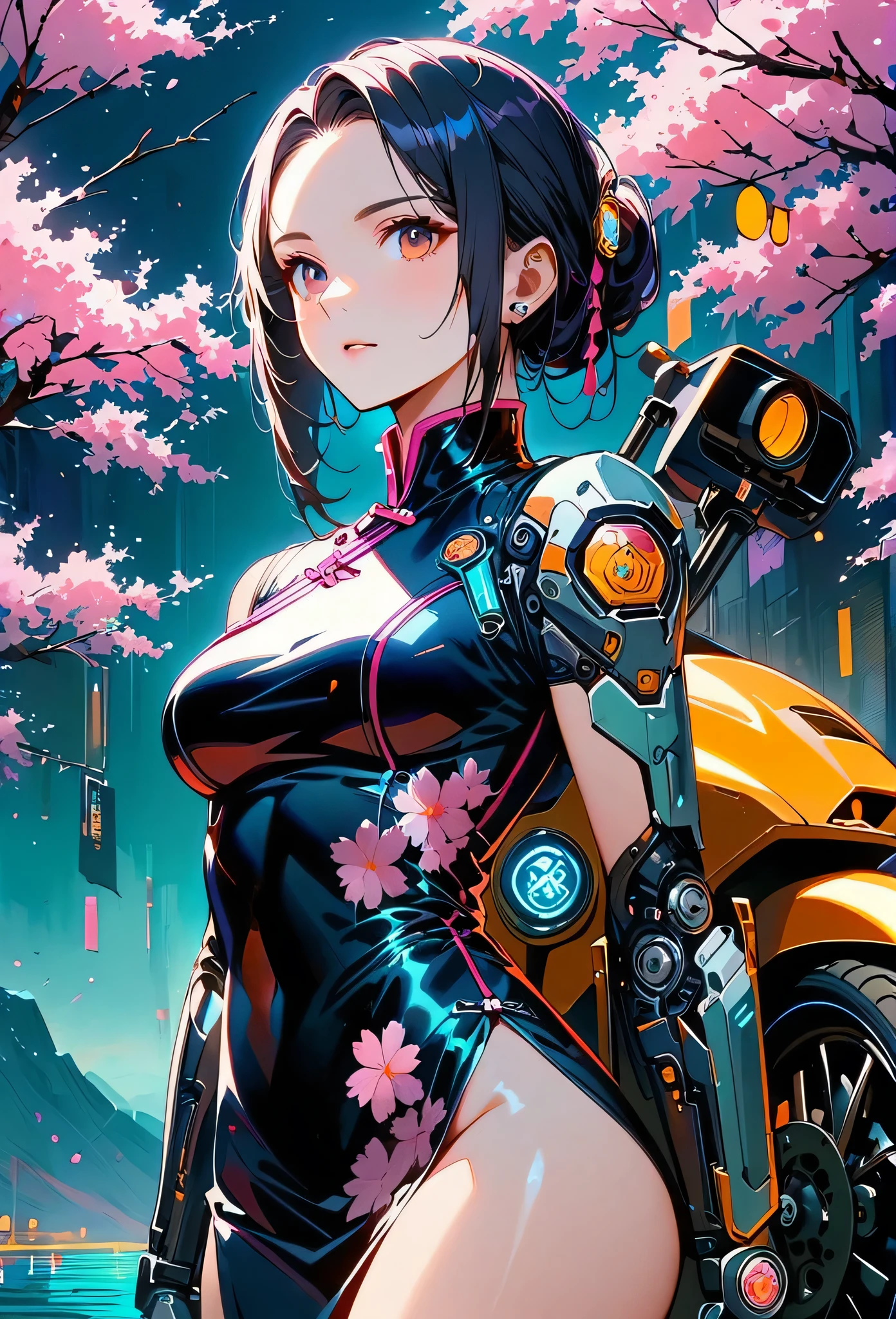 ((Vision))，((whole body))，1 girl, Wearing a black cheongsam，Robot arms and legs，Cyberpunk beauty holding an electric rifle，Standing under the cherry blossom tree with pink flowers，（white sockechanical ceramic high heels：1.5 ），background，Empty Mountain Motorcycle Style Oil Painting，closeup portrait，futuristic style，cyberpunk，high detail