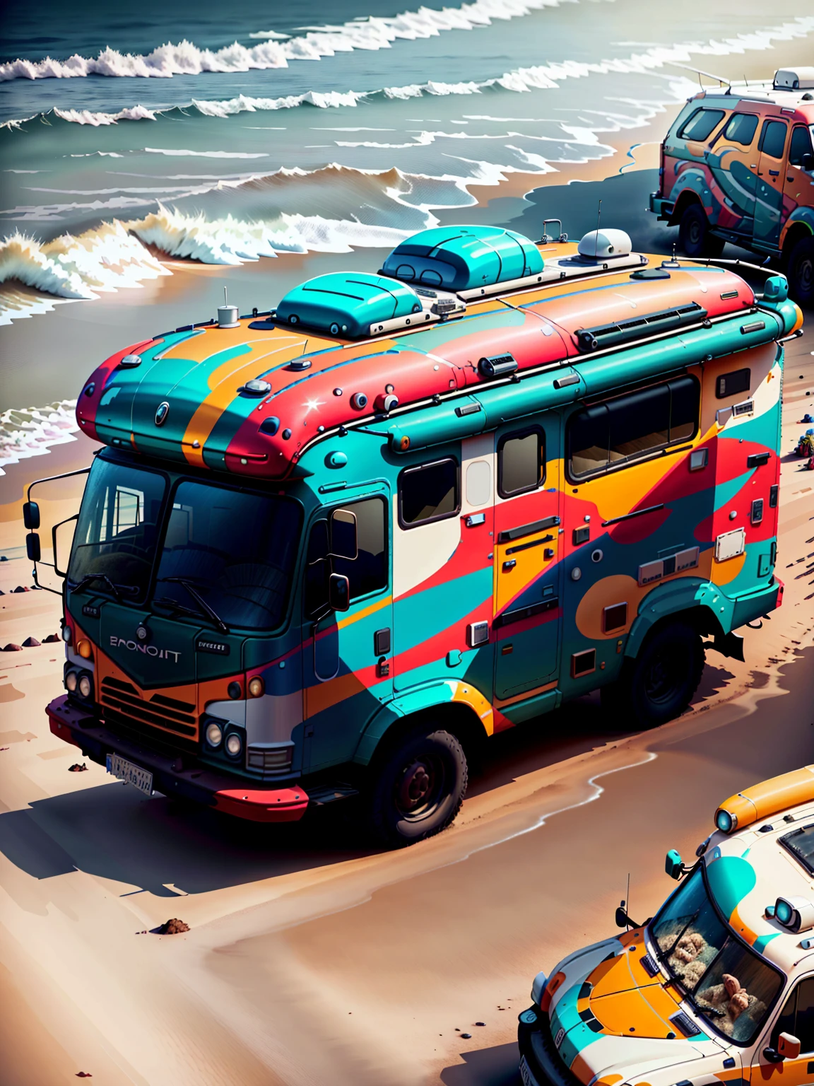 (A motorhome dragged a yacht to the beach:1.3),(A mother and two young boys sit around a campfire:1.0),Happy family,
Background with: Beach at night
High detail, , Anatomically correct, textureskin,abstract pattern