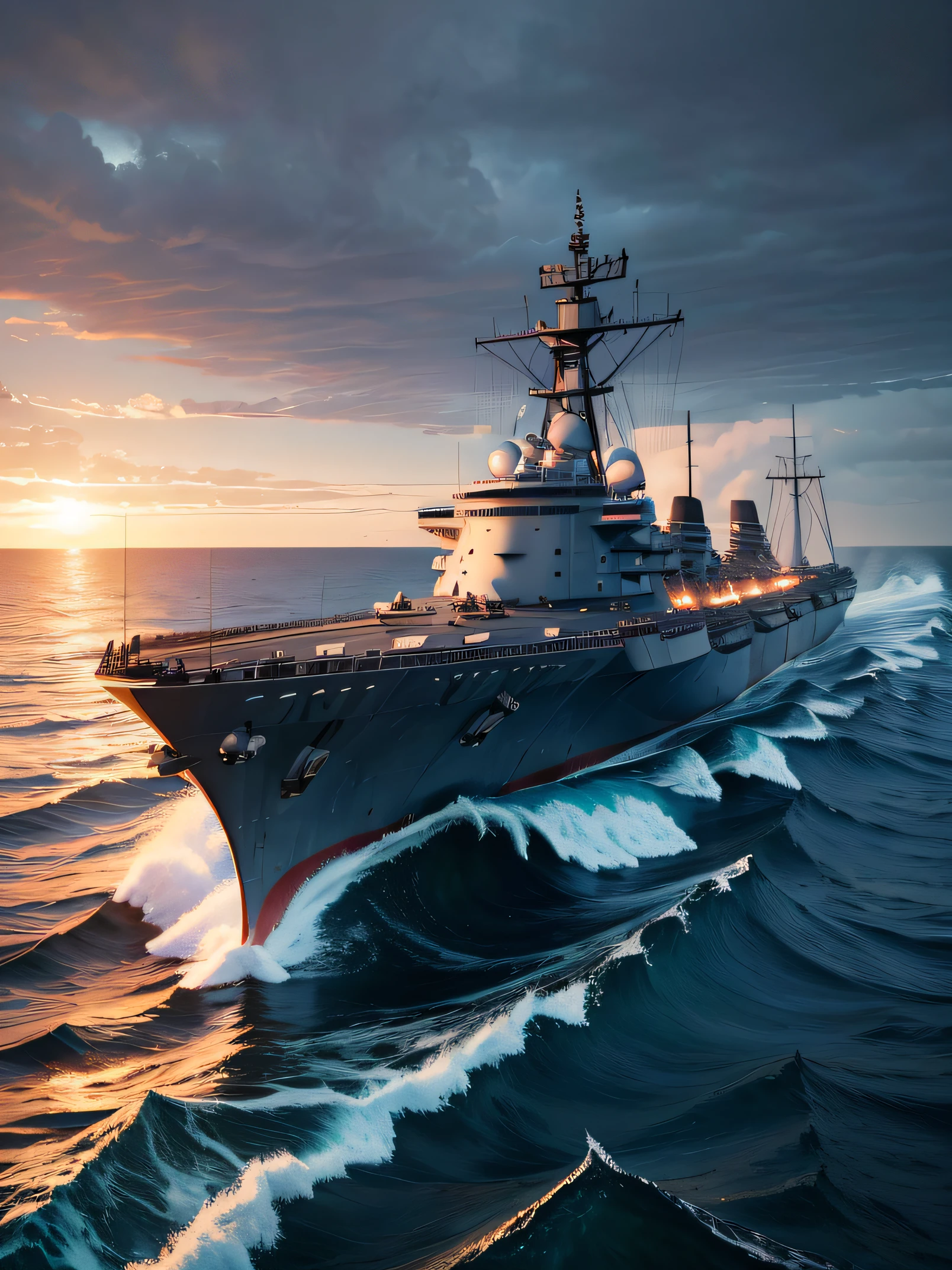 Ultra-detailed portrait of a sense of war、high quality photograph、hight resolution、Photorealsitic、ultra-detailliert、ultra detailed photographic、Ultra detailed textures、1 Large battleships、turretissile launch、Ships sailing in the vast ocean、Big ocean waves、bad weather、dark sky、Wooded island in the background、Sateen、45-degree angle shot from the side of the ship