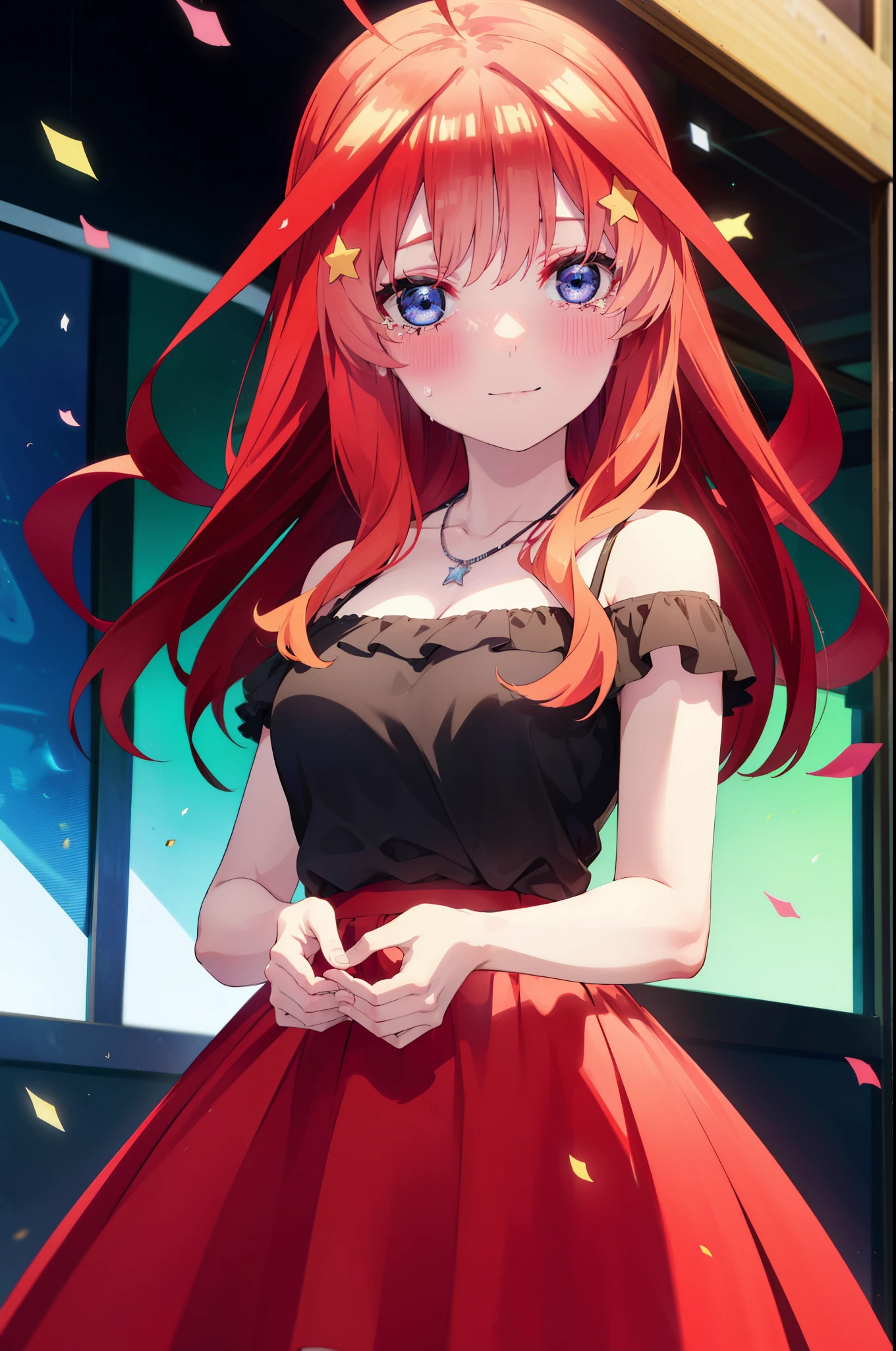 itsukinakano, Itsuki Nakano, bangs, blue eyes, Hair between the eyes, Ahoge, Redhead, star \(symbol\), hair ornaments, tiara,star hair ornaments,smile,blush,Red off-the-shoulder dress,Long skirt,Red Pin Heel,Sleeveless,Exposing shoulders,Bare arms,Bare neck,bare clavicle,Heart Necklace,Tears stream down her face,Tears of joy,I cry a lot,holding a large bouquet of flowers in each hand,Confetti,
break indoors, on stage,
break looking at viewer, (Cowboy Shot:1.5),
break (masterpiece:1.2), highest quality, High resolution, unity 8k wallpaper, (shape:0.8), (Beautiful details:1.6), Highly detailed face, Perfect lighting, Extremely detailed CG, (Perfect hands, Perfect Anatomy),