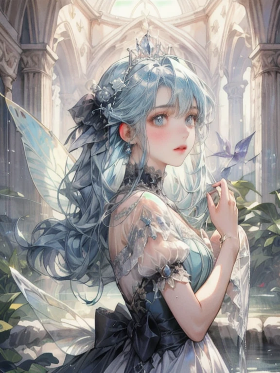 (masterpiece),(highest quality),highres,(an extremely delicate and beautiful),(extremely detailed),Amazing,finely detail,
from side, bright light blue hair, water lighting fairy wings, the dress worn by the water fairy princess is adorned with fluttering frills and delicate lace Around Her, The Water's Surface Sparkles, and Each Frill Sways Graciously with the Flow of the Water. The dress has a translucent quality, and its fluffy texture accentuates the princess's mystical beauty.