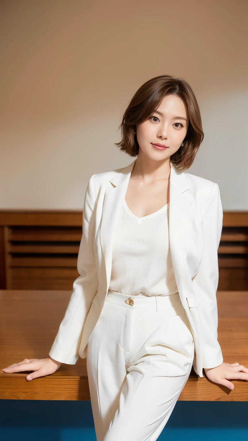 Tabletop, Beautiful woman, (30 years old、Japanese), (Library Background、mechanical、Bookshelf), ,(((Formal white pantsuit))), (((Beautiful Hair、Bob Hair, Brown Hair))), （Frilled blouse:1.6）、（D cup breasts:1.5）、feet, (Skin Texture:1.1), highest quality, 超A high resolution, (Realistic: 1.4), RAW Photos, , Nikon D850 film stock photo, F1.6 lenses, Rich colors, Realistic, Cinestill 800, Backlight, Rim Light, Studio Lighting, Erotic photos, mechanicalの上でかがむ:1.3