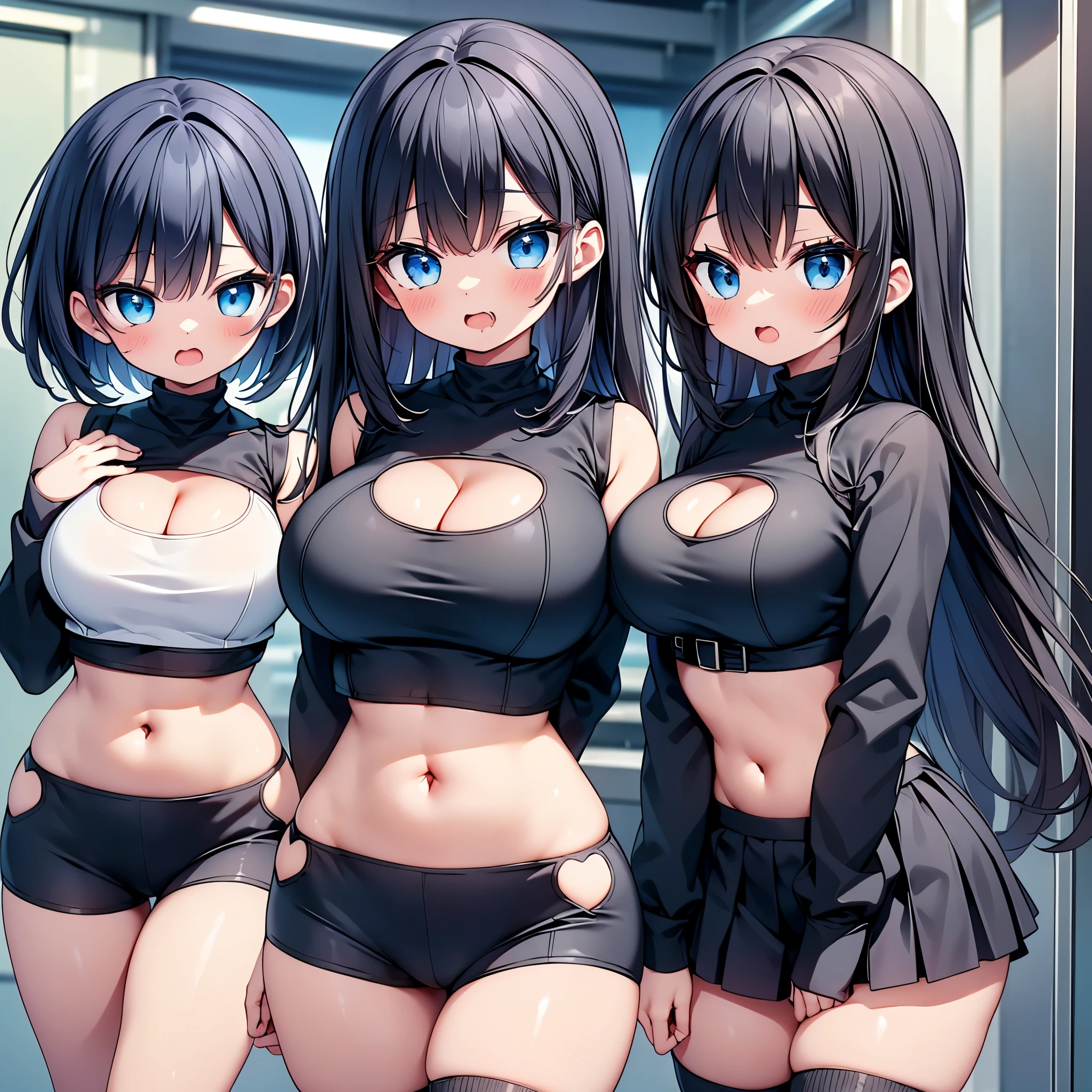 (cute eyes), (sparkling eyes), highest quality,wonderful,finely,extremely detailed CG Unity 8K wallpaper, (Stand in line:1.2), (3 girls, cute eyes, Black Hair, blue eyes, (dark skin:1,2), clothed), (black sweater:1.1), (skinny body:1.3), (huge breasts:1.1), (cleavage cutout:1.8) ,(crop top navel:1.8), (open mouth:1.1), (long tongue:1.1), (mouth drool:1.1), (Black knee socks:1.1),(Thighs:1.2),(Waistline:1.2)