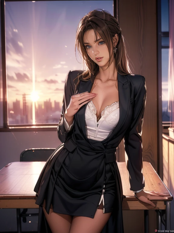 (8k,Photorealistic, masutepiece, Best Quality, Raw photo:1.3)、1woman in, 25years old,Solo,teacher, Long hair, Brown hair, Detailed beautiful face, alluring face, (Detailed beautiful brown eyes:1.2), medium breasts,(loose suit, sheer Skirt :1.35), ( Perfect body skinny beauty: 1.4),( temptation Sexy Pose:1.3), (from side:0.5), (Looking at Viewer,looking at camera, eyes focus:1.5), Detailed background, (sunset:1.2), classroom,fine detailed, intricate detailes, Ray tracing, depth of fields, seductive smile,classroom,