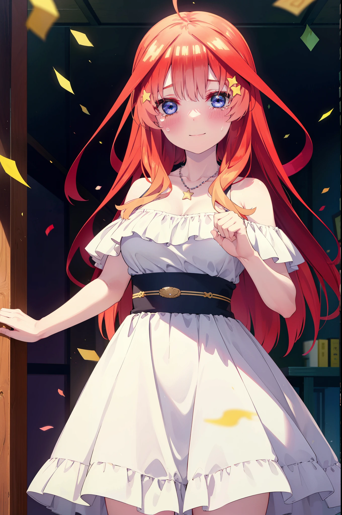 itsukinakano, Itsuki Nakano, bangs, blue eyes, Hair between the eyes, Ahoge, Redhead, star \(symbol\), hair ornaments, tiara,star hair ornaments,smile,blush,Red off-the-shoulder dress,Long skirt,Red Pin Heel,Sleeveless,Exposing shoulders,Bare arms,Bare neck,bare clavicle,Heart Necklace,Tears stream down her face,Tears of joy,I cry a lot,holding a large bouquet of flowers in each hand,Confetti,
break indoors, on stage,
break looking at viewer, (Cowboy Shot:1.5),
break (masterpiece:1.2), highest quality, High resolution, unity 8k wallpaper, (shape:0.8), (Beautiful details:1.6), Highly detailed face, Perfect lighting, Extremely detailed CG, (Perfect hands, Perfect Anatomy),