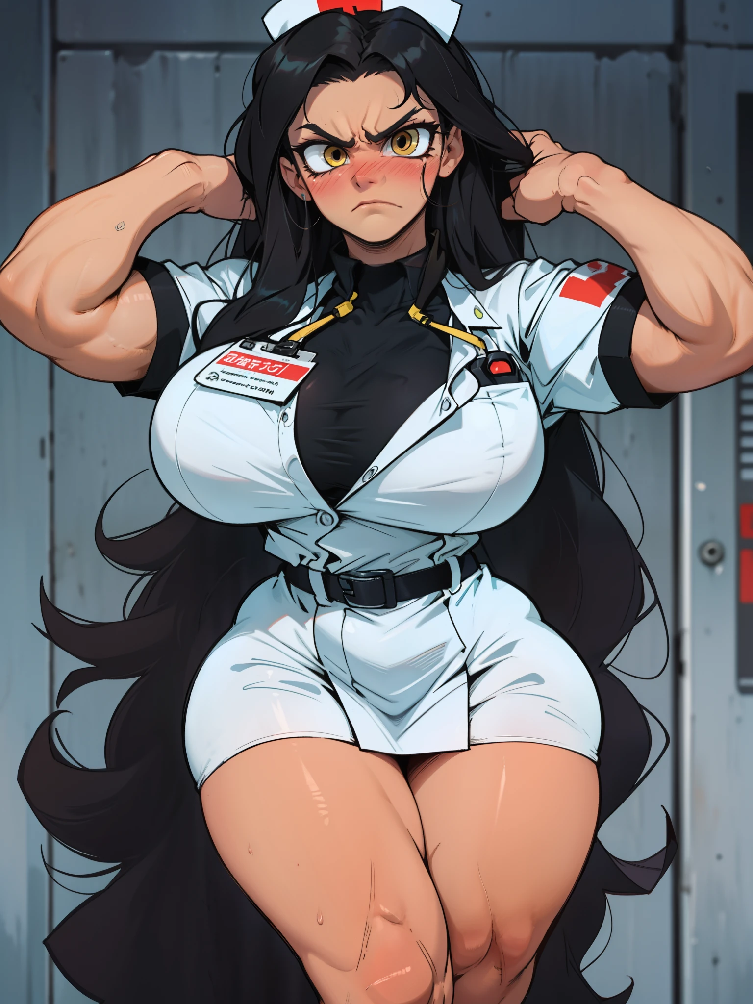 1girl solo black hair yellow eyes very long hair pale skin muscular muscular muscular muscular toned body huge muscles thick thighs girl angry blushing thick thick thick thick nurse