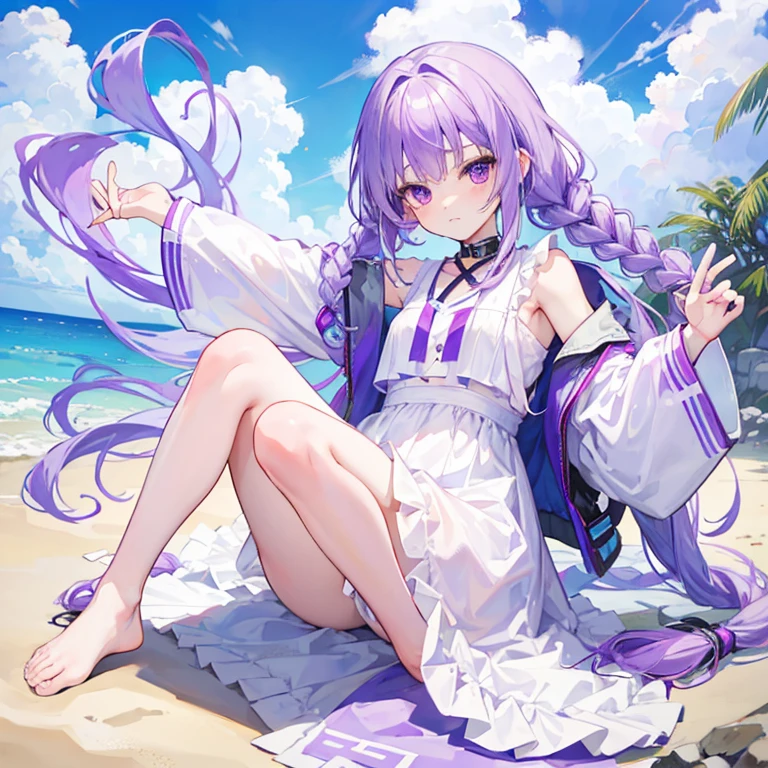 Purple Hair，White hair，Purple Eyes，Twist braids，cute，age girl，Wear white JK，There are no shoes on the feet，正面whole body照，whole body，Fingers and arms are not exposed，Background beach，Blue sky and white clouds