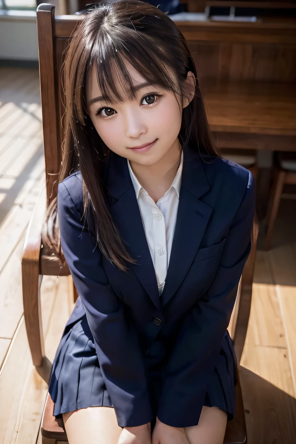 best quality, facial focus, soft light, (depth of field), ultra high res, (photorealistic: 1.4), RAW photo, (sideways) 1Japanese girl, solo, handsome, (shy, smile: 1.1), (brown eyes), detailed beautiful face, (long hair), (seated chair), (school uniform: 1.4, navy skirt, navy Blazer), pet shop,