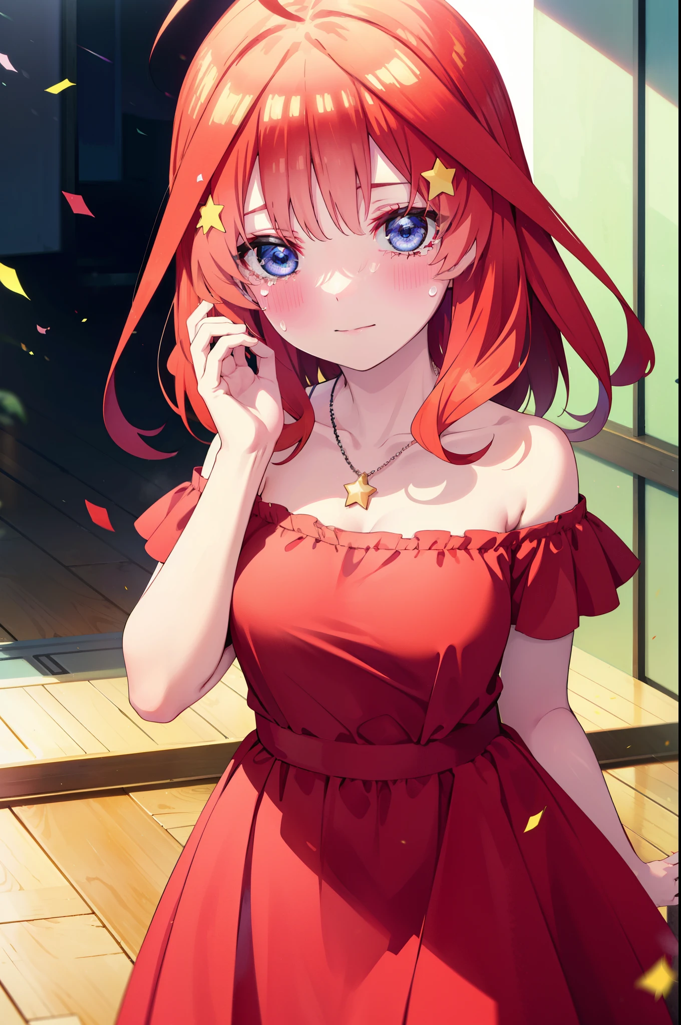 itsukinakano, Itsuki Nakano, bangs, blue eyes, Hair between the eyes, Ahoge, Redhead, star \(symbol\), hair ornaments, tiara,star hair ornaments,smile,blush,Red off-the-shoulder dress,Long skirt,Red Pin Heel,Sleeveless,Exposing shoulders,Bare arms,Bare neck,bare clavicle,Heart Necklace,Tears stream down her face,Tears of joy,I cry a lot,holding a large bouquet of flowers in each hand,Confetti,
break indoors, on stage,
break looking at viewer, (Cowboy Shot:1.5),
break (masterpiece:1.2), highest quality, High resolution, unity 8k wallpaper, (shape:0.8), (Beautiful details:1.6), Highly detailed face, Perfect lighting, Extremely detailed CG, (Perfect hands, Perfect Anatomy),